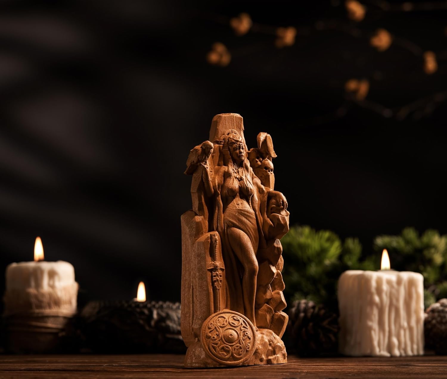 Wooden Morrigan Goddess Carving, War & Fate Pagan Altar Decor, 3.5×1.5×9 in (Wood)