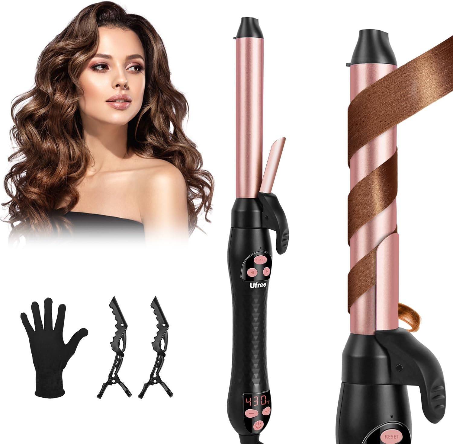 Ufree Automatic Rotating Curling Iron – 1 Inch Ceramic Barrel Curling Wand for Medium to Long Hair & Beach Waves, Self-Spinning Hair Curler with LCD Display 250°F–430°F, Dual Voltage, Rose Gold