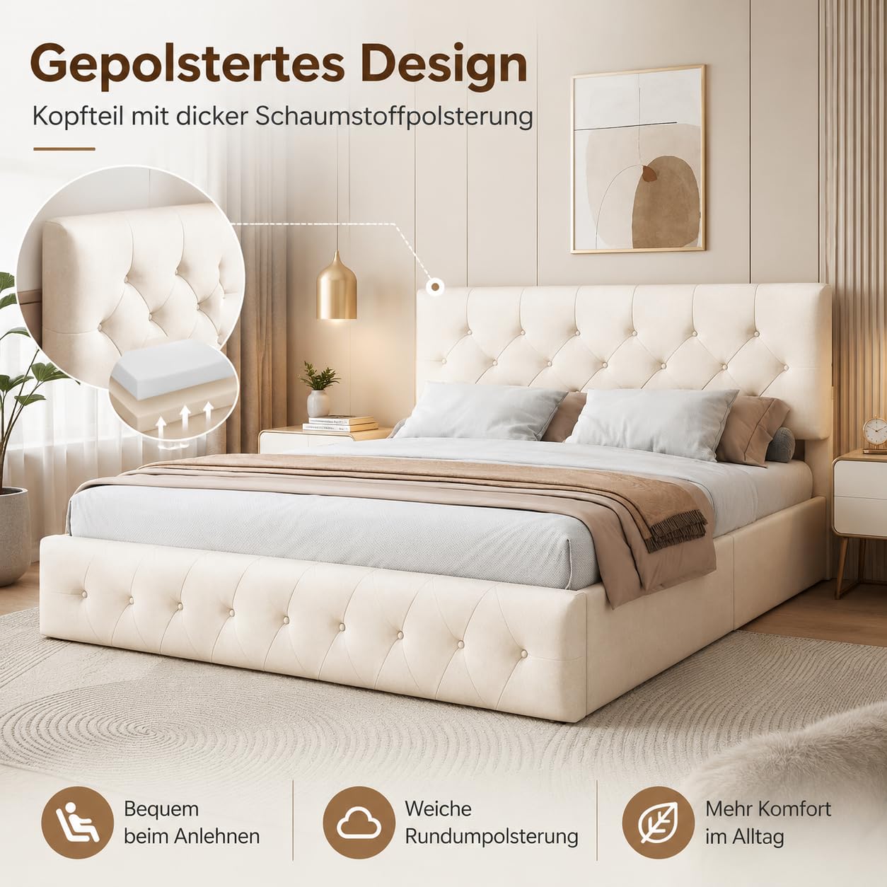 Letto imbottito140x200cm, letto matrimoniale con contenitore idraulico e testiera regolabile, Moderno Letto una piazza e mezza con vano portaoggetti, senza materasso