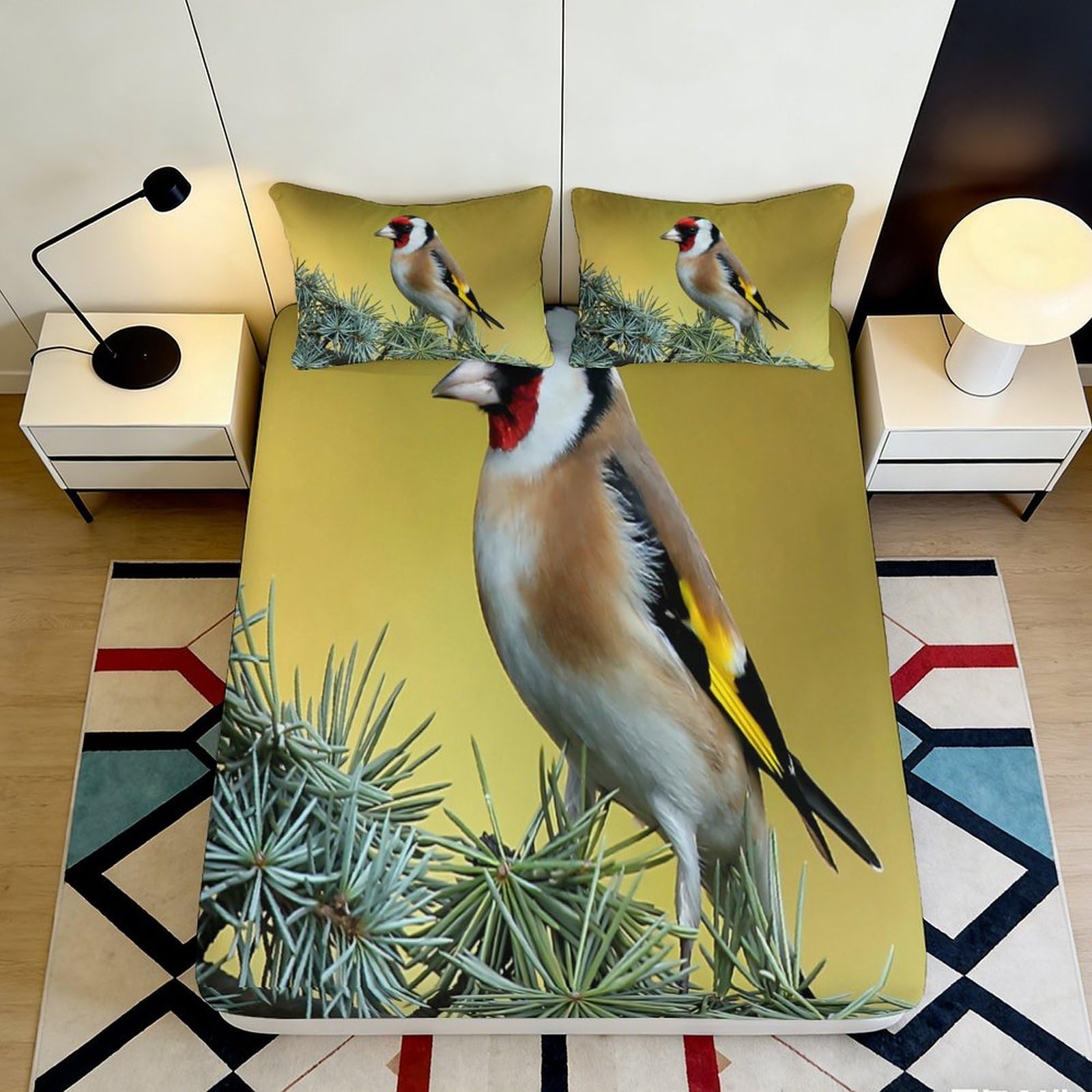 3D Printed Goldfinch Bird Fitted Sheet Microfiber Soft Decorative Pine Branch Bed Cover for Bedroom Guest Room 90x200x25cm