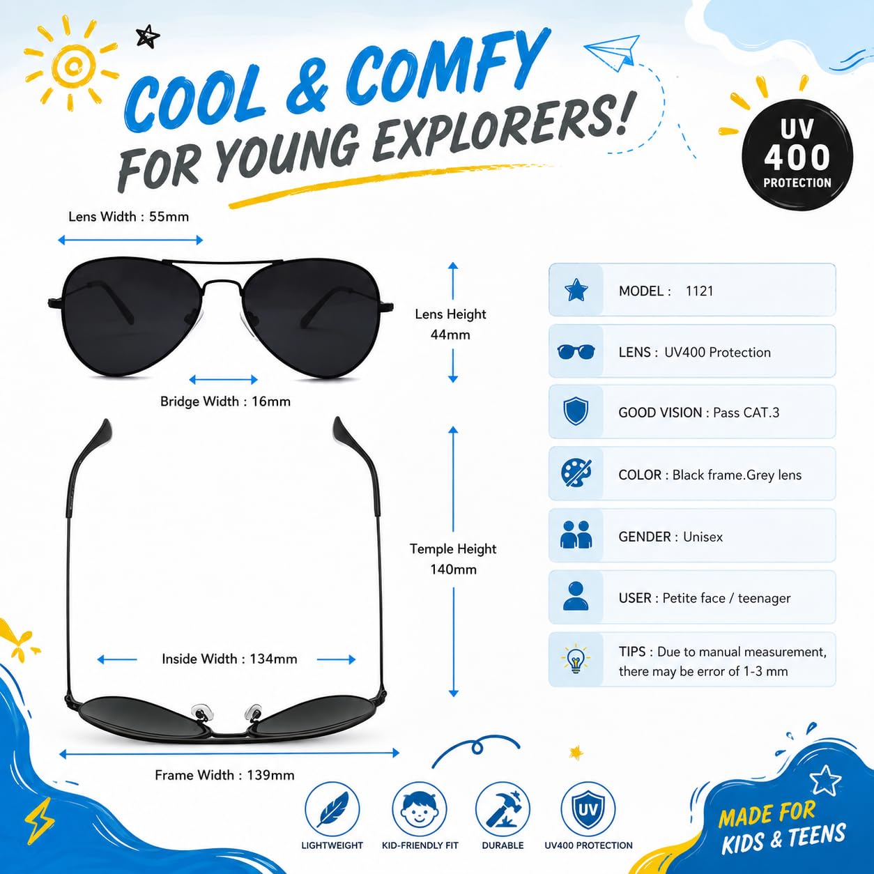 Gafas de sol polarizadas para niños y niñas de 6 a 12 años, protección UV400, gafas de sol para niños, marco de metal, ligeras, exteriores, playa, vacaciones