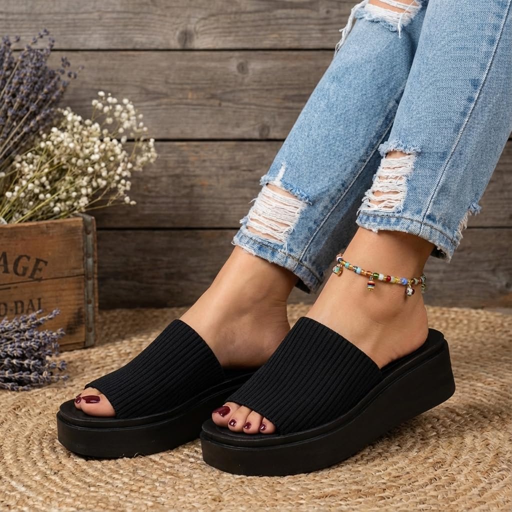 CUSHIONAIRE Pim Wedge Chunky Platform Womens Sandals with Firm Knit Upper & Memory Foam Summer Sandals for Women - Image 2