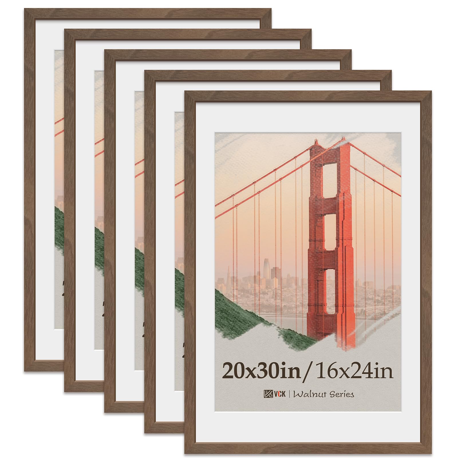 VCK 20x30 Poster Frame 5 Pack, Natural Wood Grain Brown Walnut, Display 16x24 Picture with Mat or 20x30 without Mat, Wall Hanging