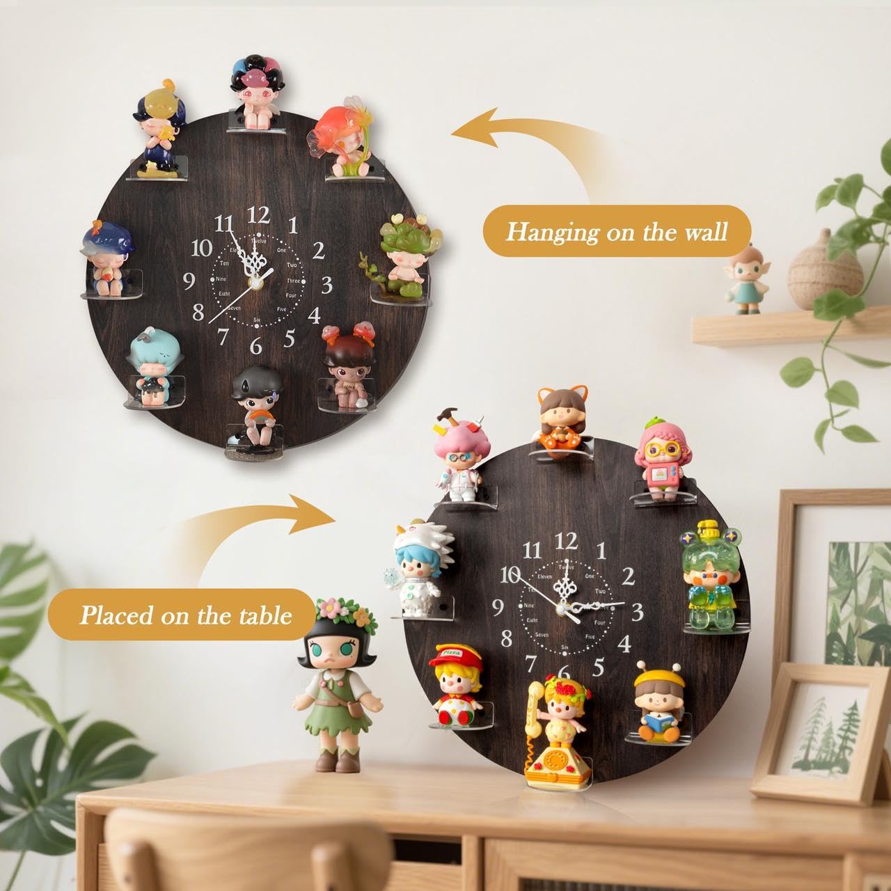FEXIA Display Clock Case for Collectibles, 8 Acrylic Figure Display, Unique Gift for Blind Box Lovers, Stand Creative Desktop Display for Mini Toys, Vinyl Figures Accessories, Home Decor