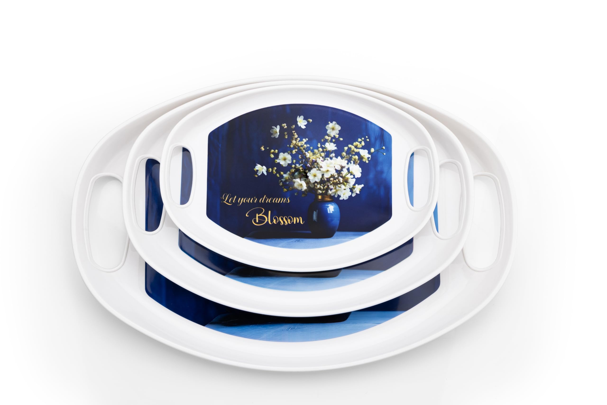 Decorative Serving Trays Set, Black with Blue Leaf Pattern, 3 Nesting Sizes — Amazon image 7