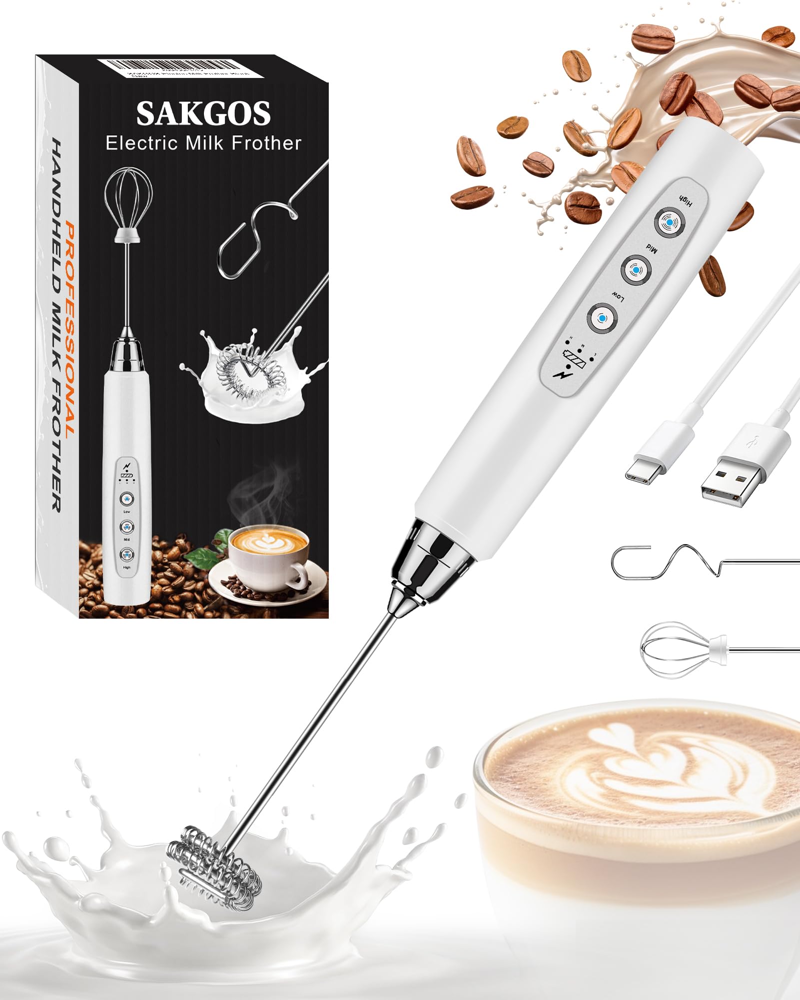 Sakgos Espumador de leche recargable de mano, batidor eléctrico de 3 velocidades ajustable, varita espumadora de café con 3 batidores de acero inoxidable, máquina eléctrica de espuma, batidora