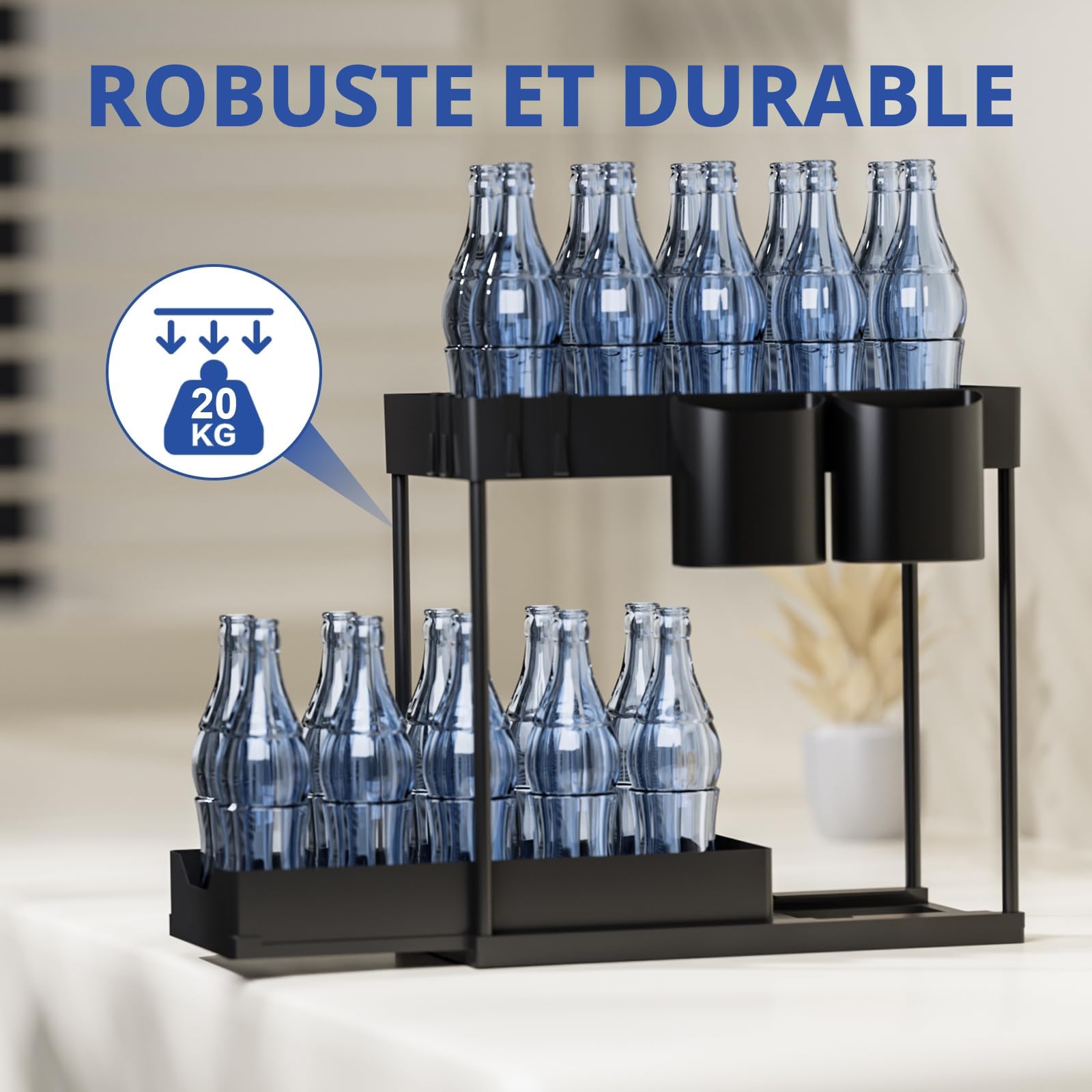 Cinnani Rangement sous Evier Cuisine à 2 Niveaux Lot de 3,Étagère sous Évier Rack avec 12crochet et 3gobelet Suspendu,Coulissant Organiseur sous Évier Etagere Tiroir,Noir
