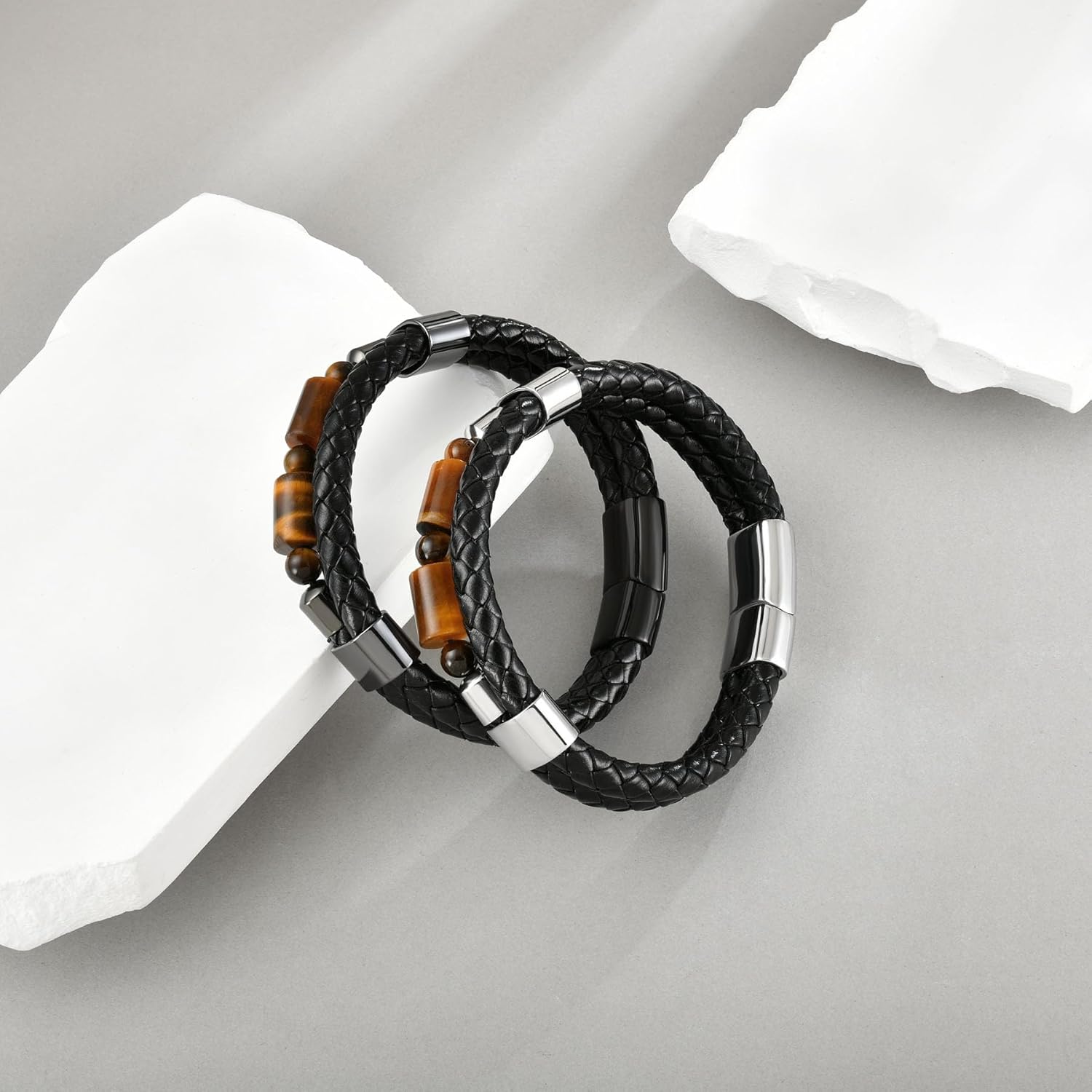 Mens Leather Braided Tiger Eye/Black Onyx Protection Healing Stone Bead Bracelet for Men Stainless Steel Clasp Cuff Bracelets Jewelry