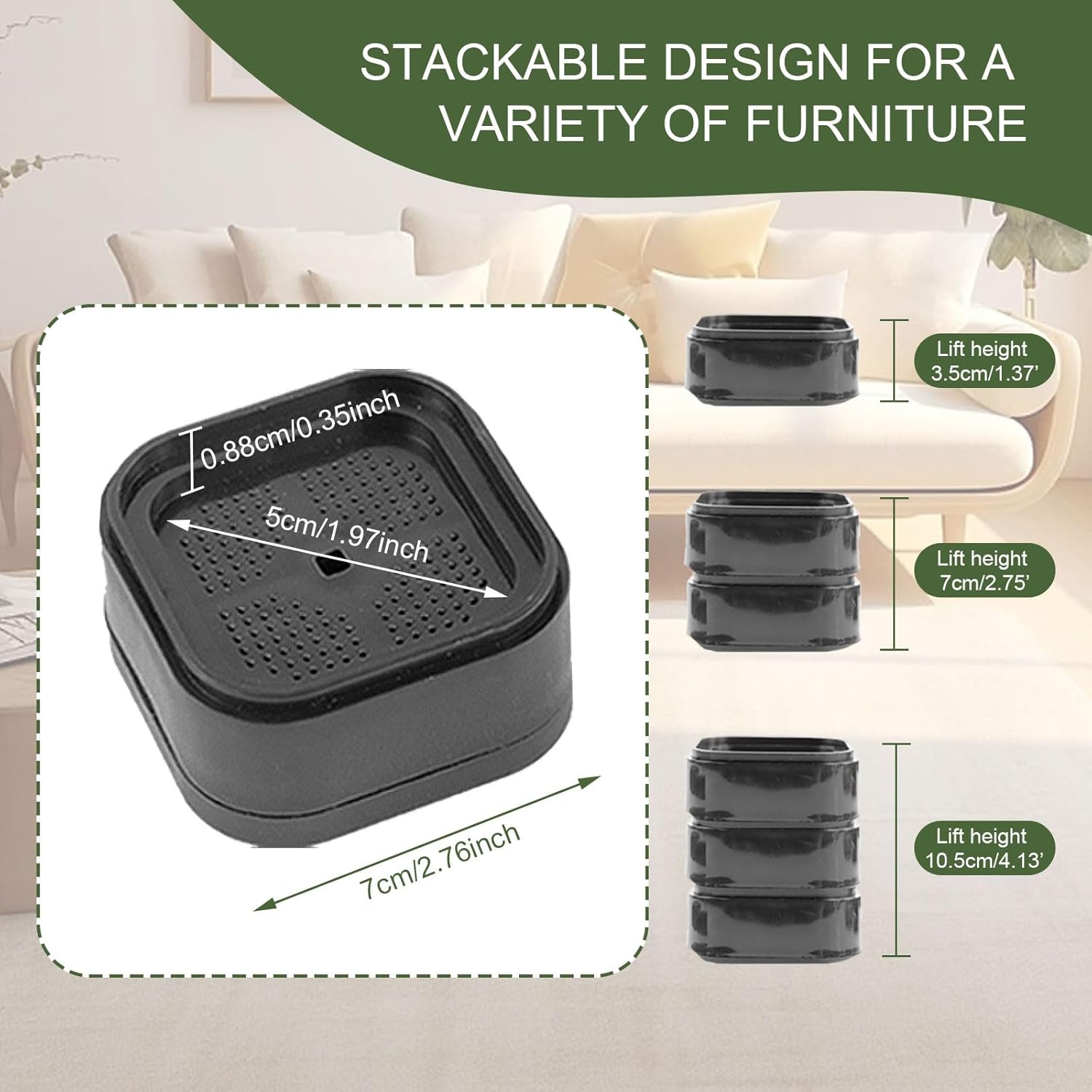 12Pcs Furniture Risers, Bed Leg Raiser 1.38" Stackable Chair Raisers, Table Leg Extenders Sofa Risers, Furniture Raising Blocks Supports Diameter In 1.97In For Beds, Tables,... - Image 3