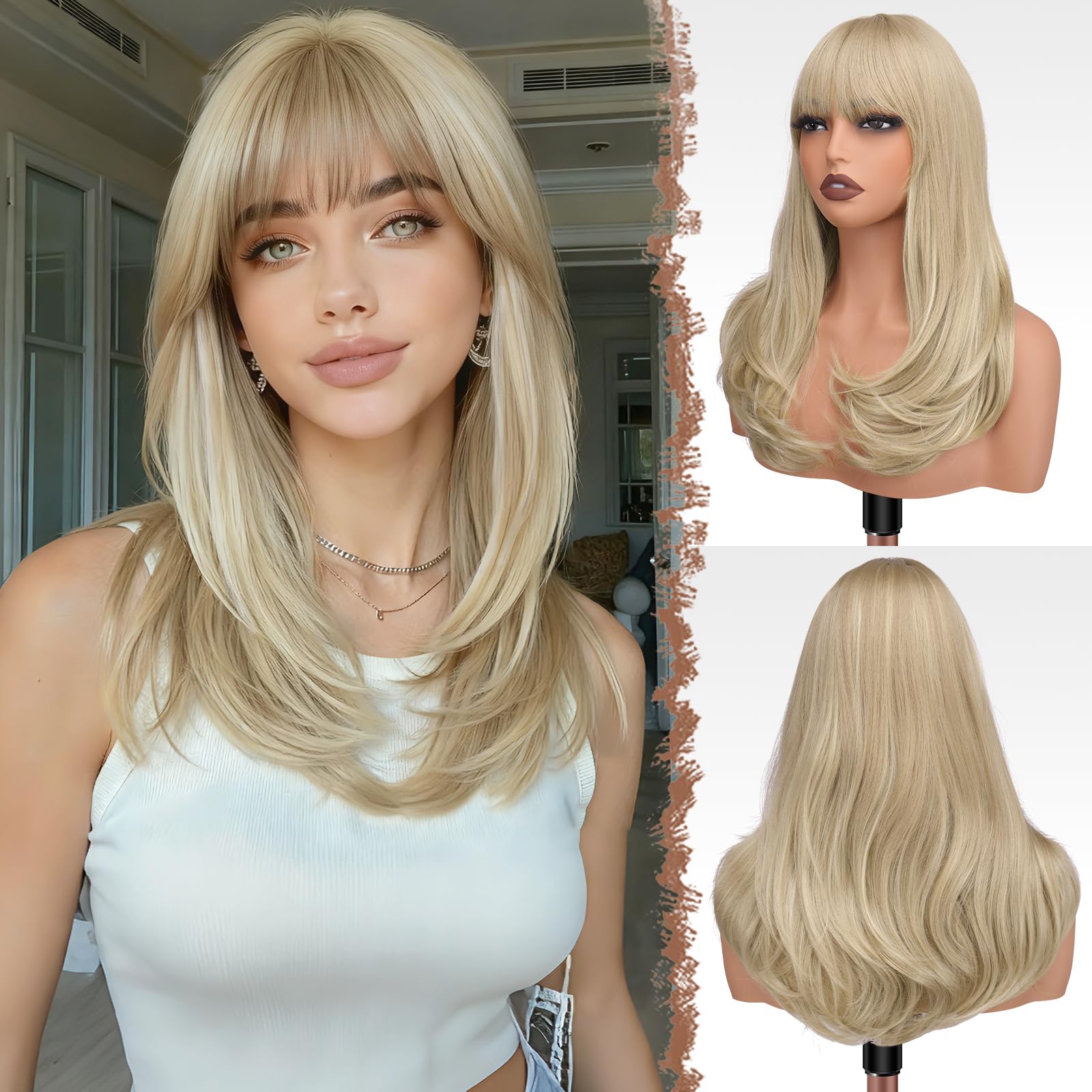 Photo 1 of FESHFEN Long Layered Wig with Bangs - 18" Mixed Blonde