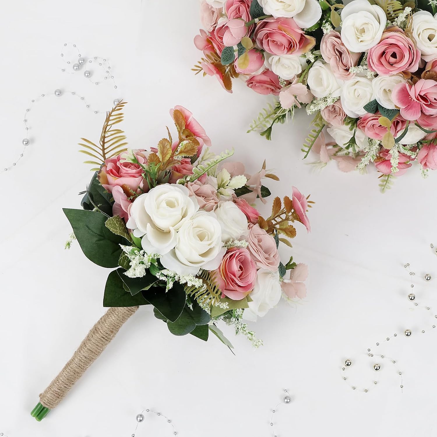 Wedding Bouquet for Bridesmaid- Hand Holding Flower Bouquet 7 Inch Artificial Flower Bouquet for Bride Party Ceremony Anniversary Decor - Dusty Pink & White - Image 4