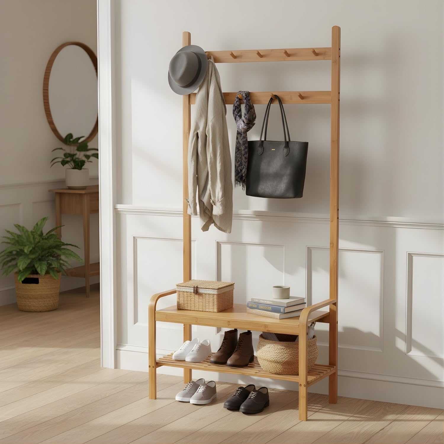 THINIA HOME - Perchero de Pie de Bambú Natural con Banco Zapatero y Ganchos de Madera, Organizador de Entrada, Dormitorio o Recibidor, Estilo Nórdico, 73.5x34.5x170 cm