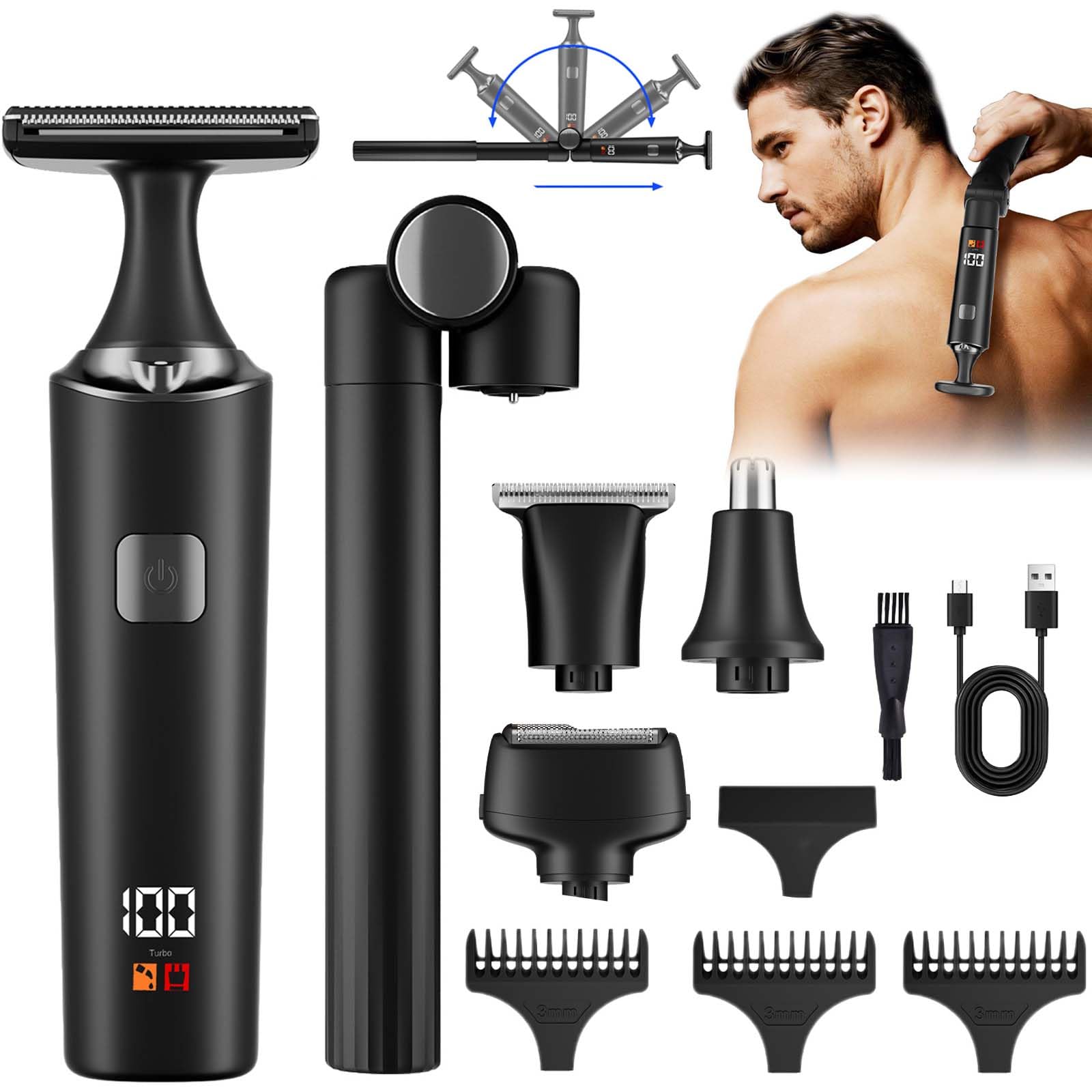 Rasoio Elettrico Per La Schiena Da Uomo, Depilatore Corpo Uomo Kit 5 In 1 Con Braccio Ausiliario Allungabile, per viso, Mento, Braccio, Schiena, Peli Pubici (A)