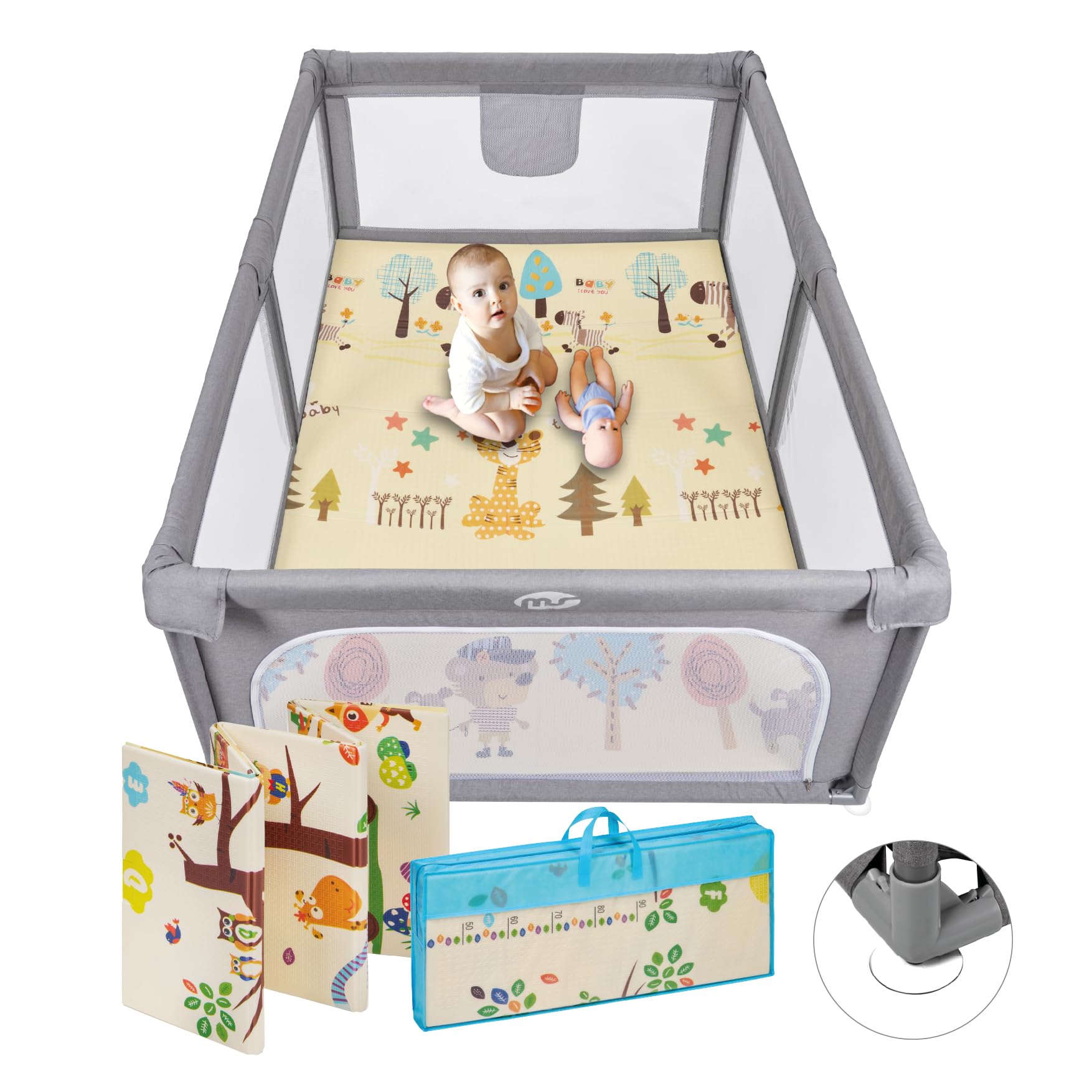 MS BabyWorld Parco XL + Tappeto da gioco per bambini 180 x 120 cm - Doppio lato, tappetino molto imbottito (1 cm spesso), parco molto grande - pieghevole e con borsa per il trasporto
