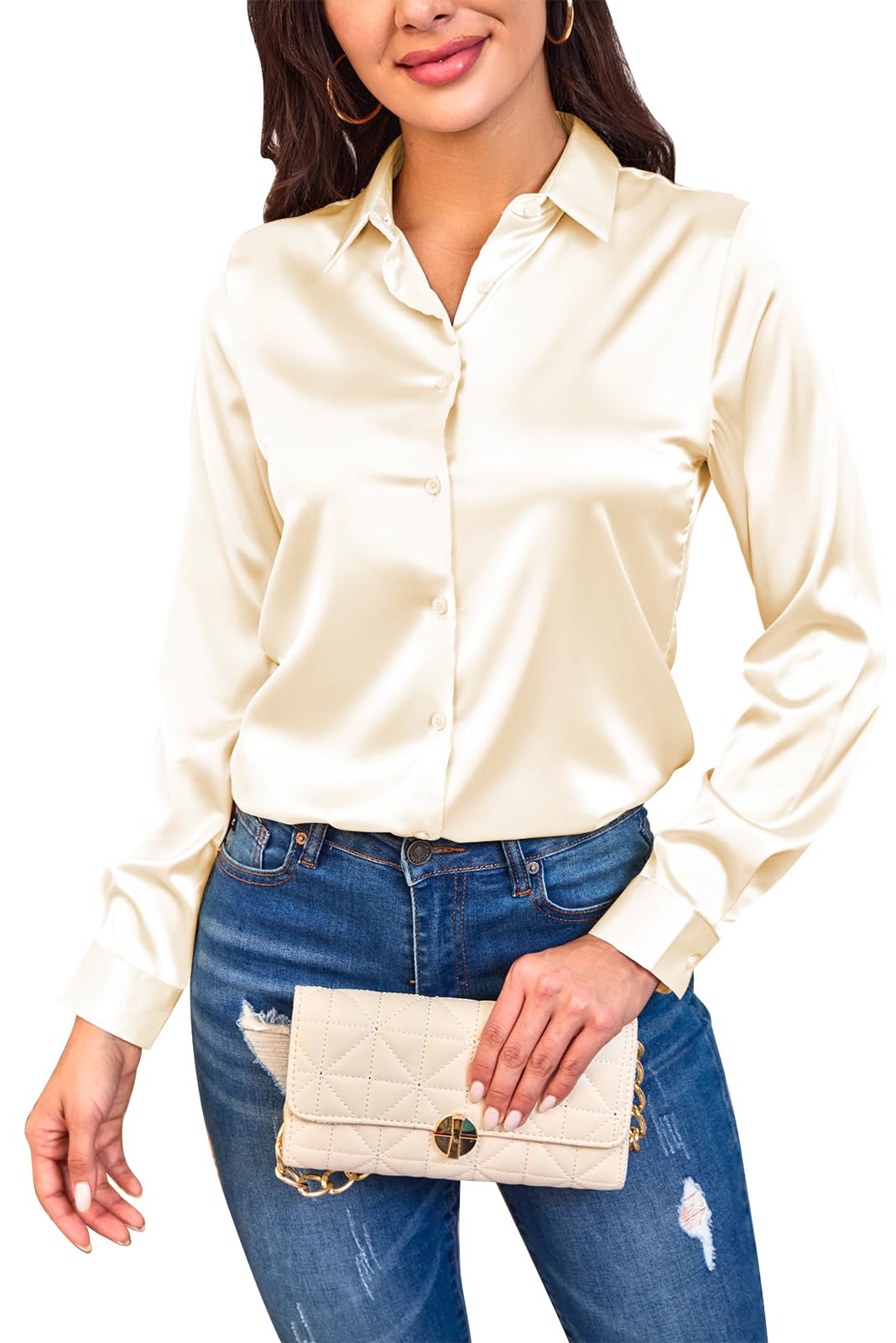 Women Silky Long Sleeve Button Down Shirts Formal Work Dress Shirt Satin Blouses Tops