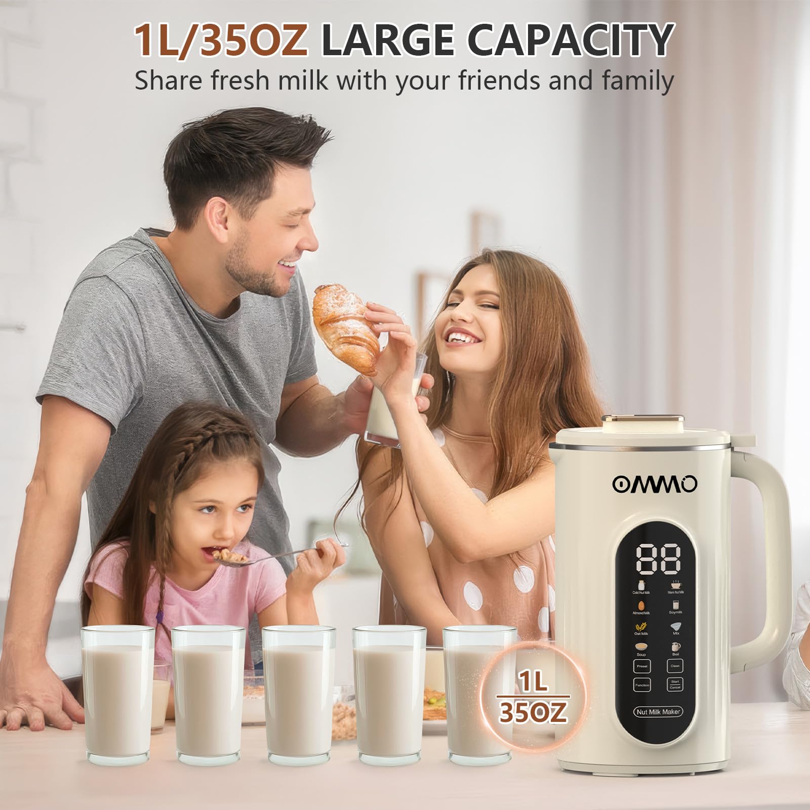 OMMO 10 in 1 Nut Milk Maker Blender, 35oz Soy Milk Maker with Large Screen/10 Blades for Hot/Cold Almond Oat Soybean Milk Maker, 12 Hours Timer/Self-Cleaning, Includes Recipe Book-Accessories