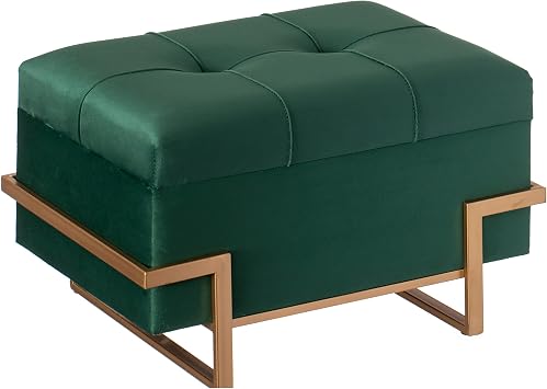 Fabulaxe Rectangle Velvet Storage Ottoman Stool Box with Abstract Golden Legs | Decorative Sitting Bench for Living Room Home Decor with Unique Base Support Green Small QI003939.GN