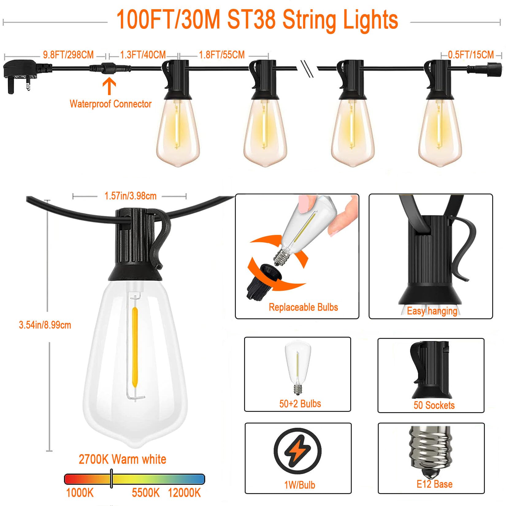 Skeerei 30M Festoon Lights Outdoor Mains Powered Led Garden Lights String with Vintage 52pcs 2700K Warm White for Pegola Patio - Image 2