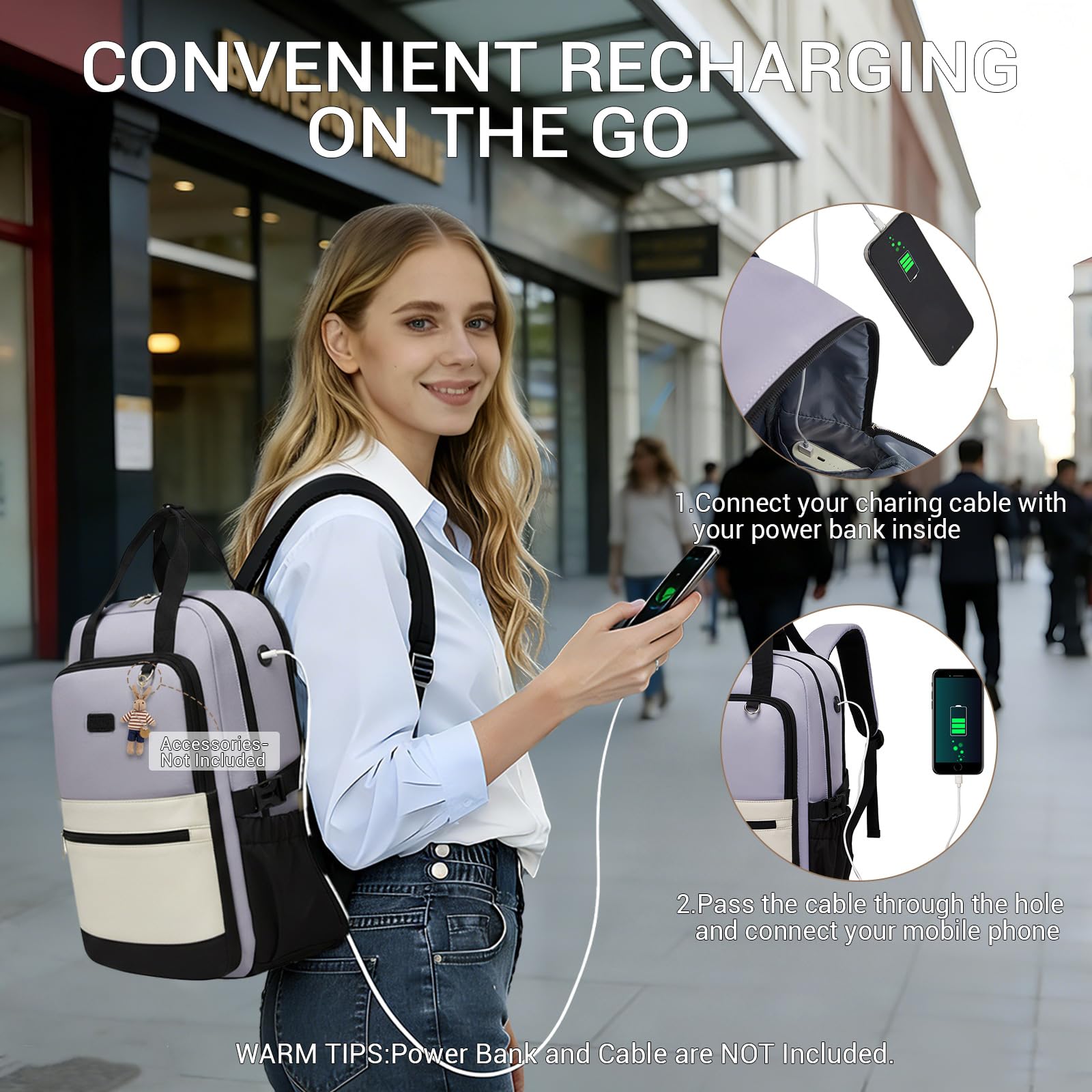 KONO Zaino Donna Porta PC 15,6 Pollici, Impermeabile, Grande Capacità con Tasca Porta Borraccia, Zaino per PC Portatile per Lavoro, Università e Viaggio (Viola/Beige)