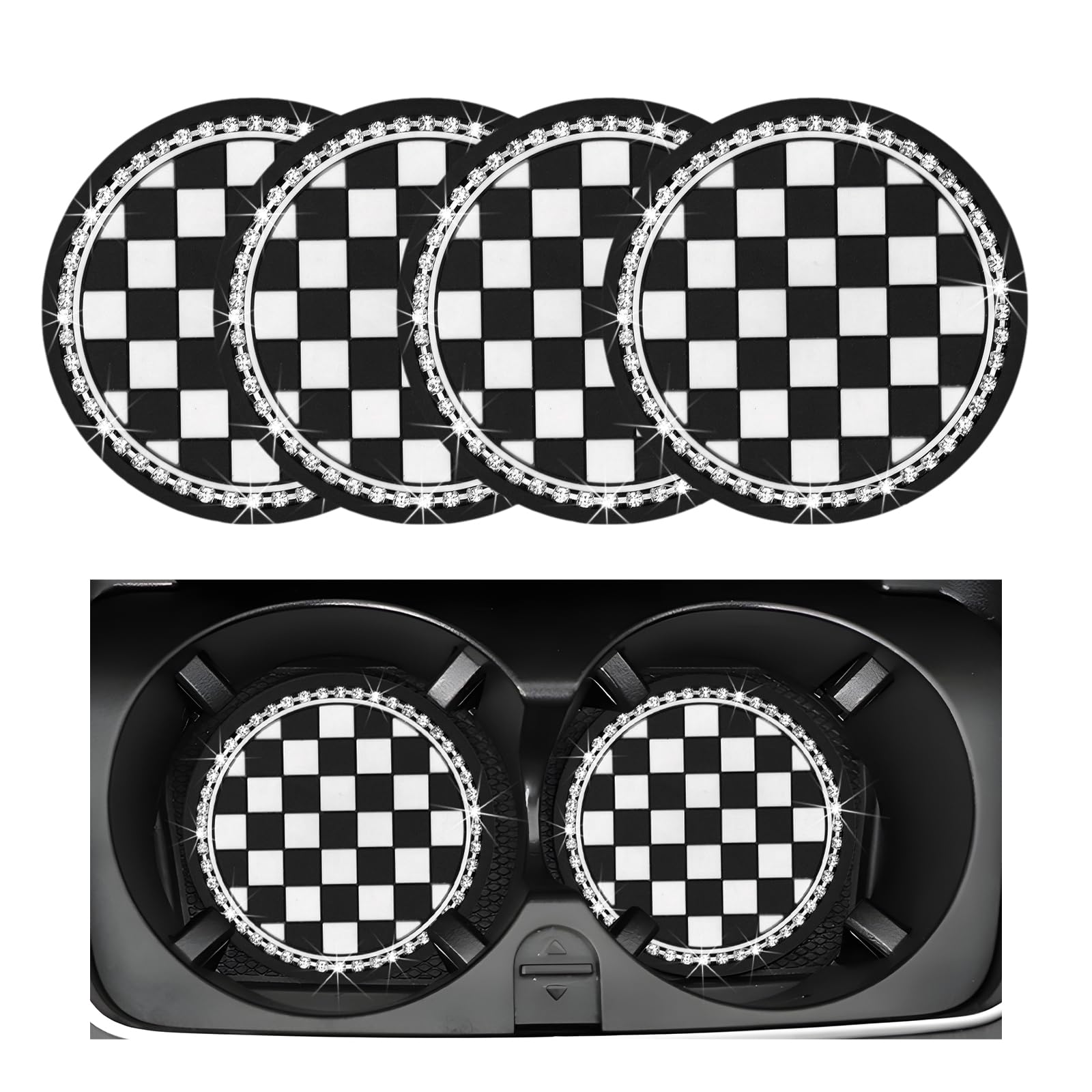 4 PCS Cow Print Car Cup Coaster, 2.75 Inch Anti-Slip Auto Cup Holder Insert Coaster, Anti Slip Bling Cup Mats with Flower Pattern, Universal Interior Car Accessories (Checkerboard)