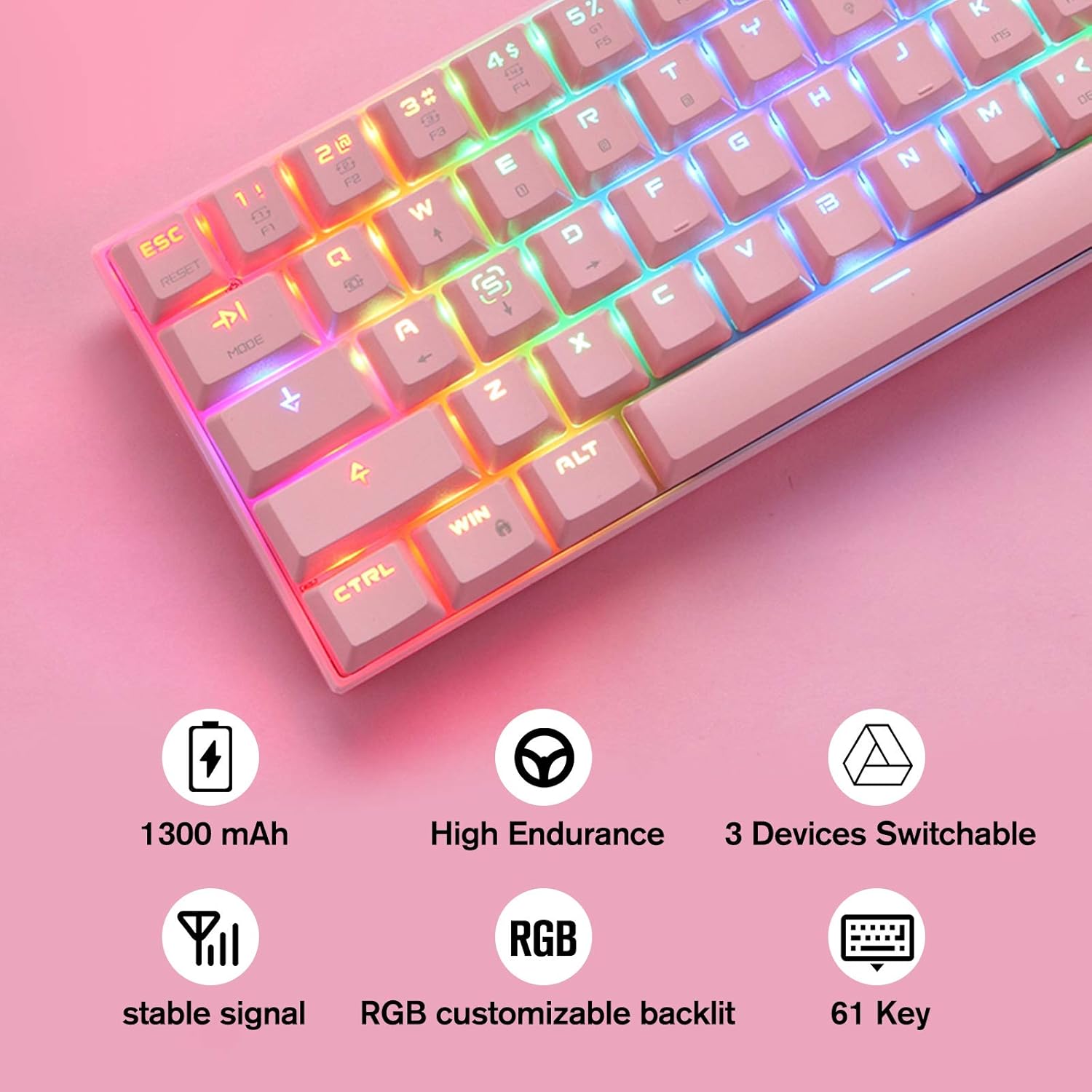 MOTOSPEED Bluetooth/Wired 60% Pink Mechanical Keyboard Compact 61 Keys RGB LED Backlit Type-C Gaming/Office Keyboard for PC/Mac/Laptop Gamer (Red Switch)