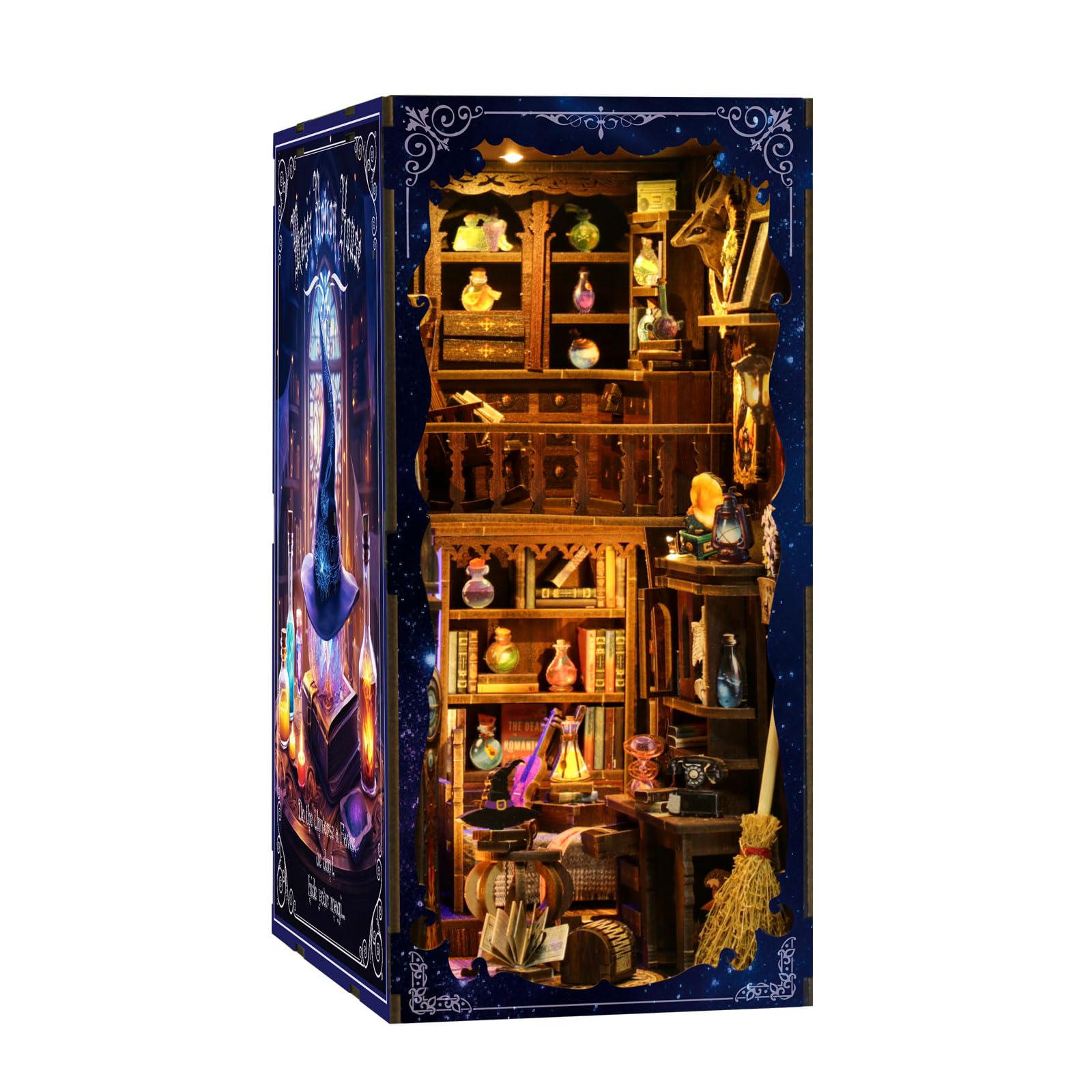 MaHo Book Nook Magic Lab - DIY Miniatur-Diorama fürs Bücherregal, 334 Teile, 11 x 18 x 23 cm, ab 12 Jahren - DIY Book Nook Kit aus Holz mit LED – 3D Puzzle Bücherregal Deko & DIY Buchstütze basteln