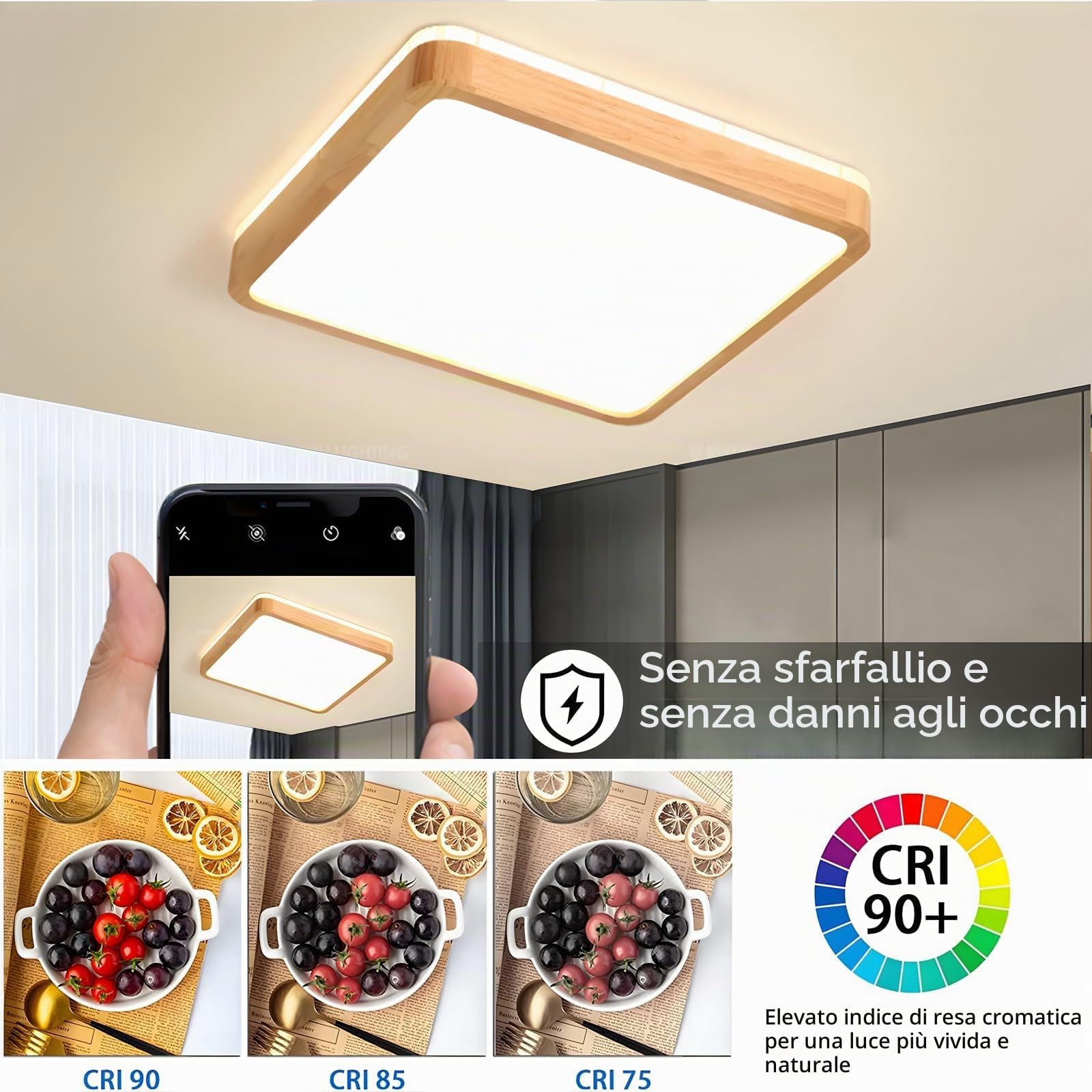 Plafoniera LED in Legno, Lampada Quadrata in Legno Naturale con Bagliore Superiore 360°| Dimmerabile con telecomando 2700K-6500K 36W| Soggiorno sala pranzo corridoio casa ufficio camera(Ø50cm)