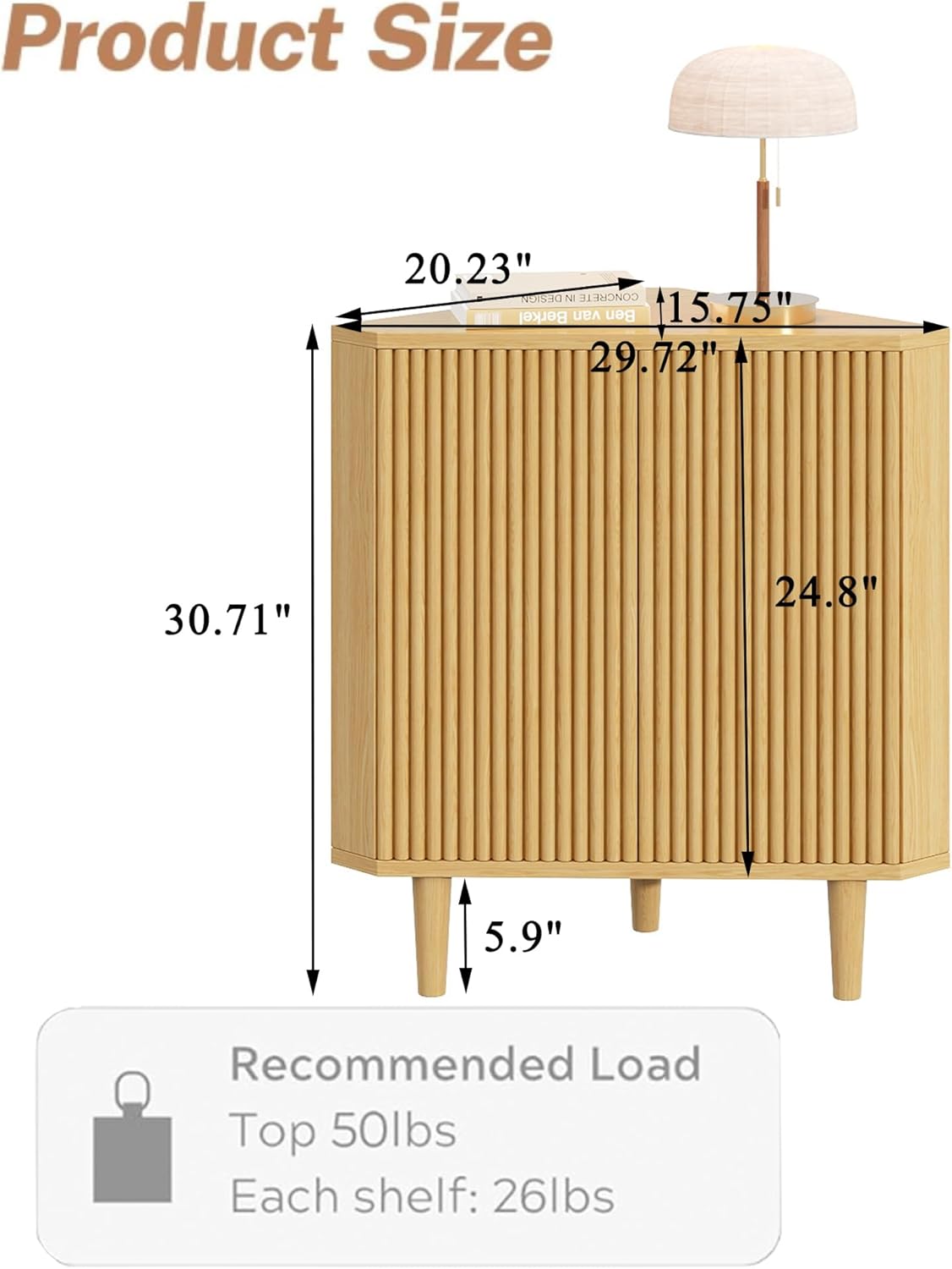 Fluted Floor Corner Kitchen Cabinet, Wooden Freestanding Cabinets Organizer with Door, Side Storage Organizer for Living Room, Dining Room, Bathroom Natural