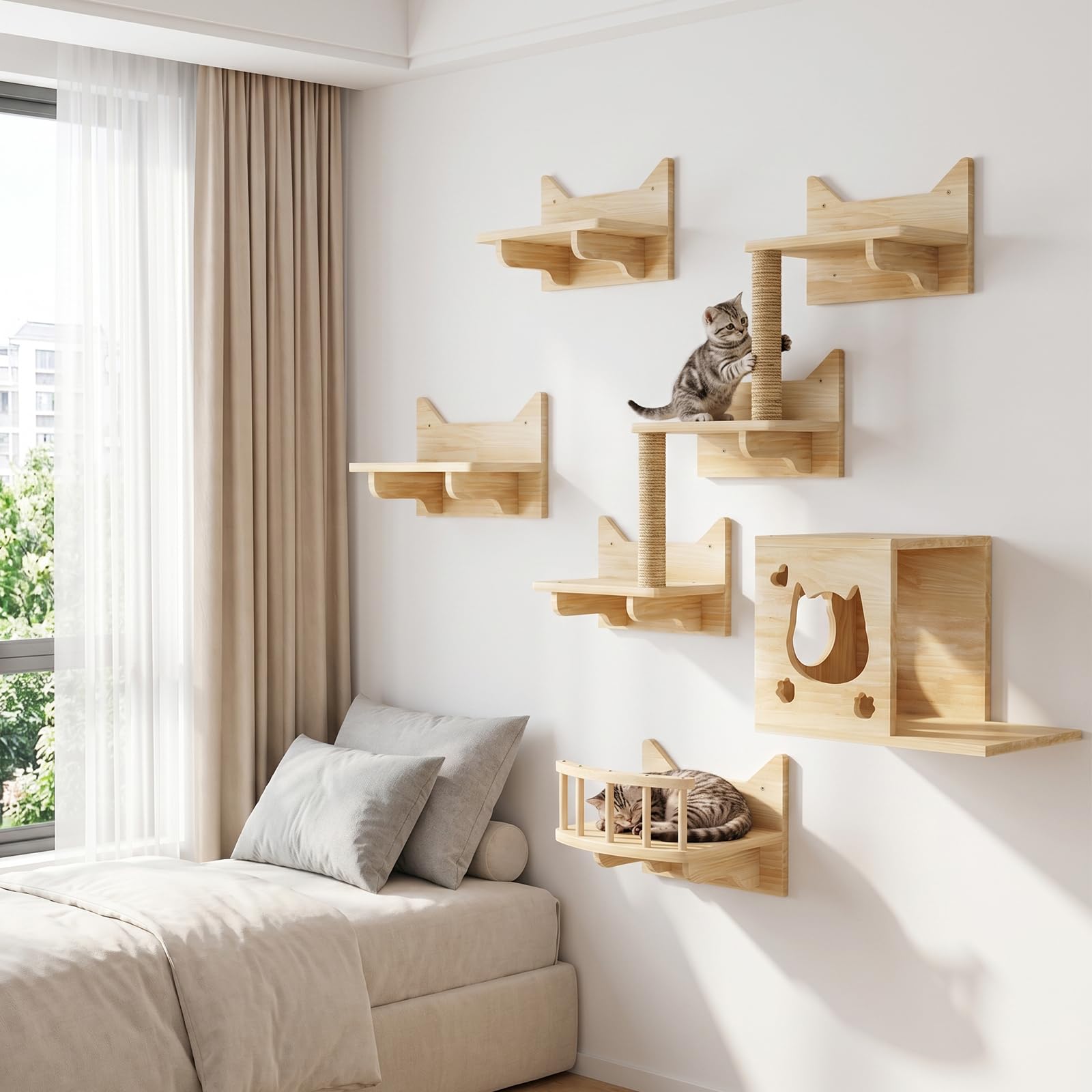 Ensemble de mur d'escalade pour chat, arbre à chat | Hamac en panneau multiplex robuste pour chat avec maison pour chat, pont pour chat, arbre à chat