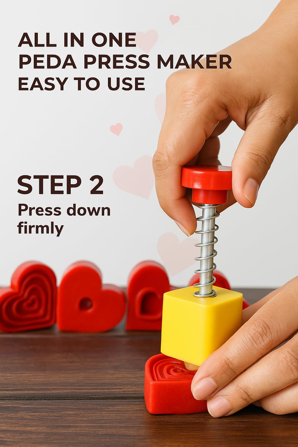 APOLLINE INDIA® Love-Themed Sweet Press Tool – 1.5 inch Heart Shape Mawa Peda & Cookie Maker | 5 Molds with Spring Handle | Sweet Fast Stamping Ideal for Festive Gifting (Pack of 1) 3