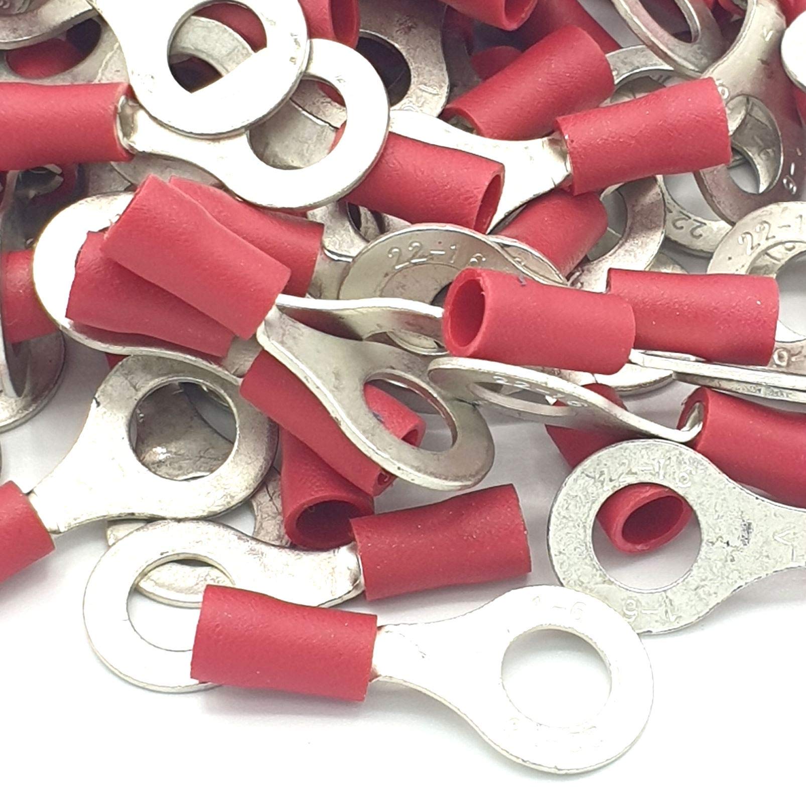 100pcs Red Insulated Crimp Ring Terminals 6.4mm Stud Size Connectors