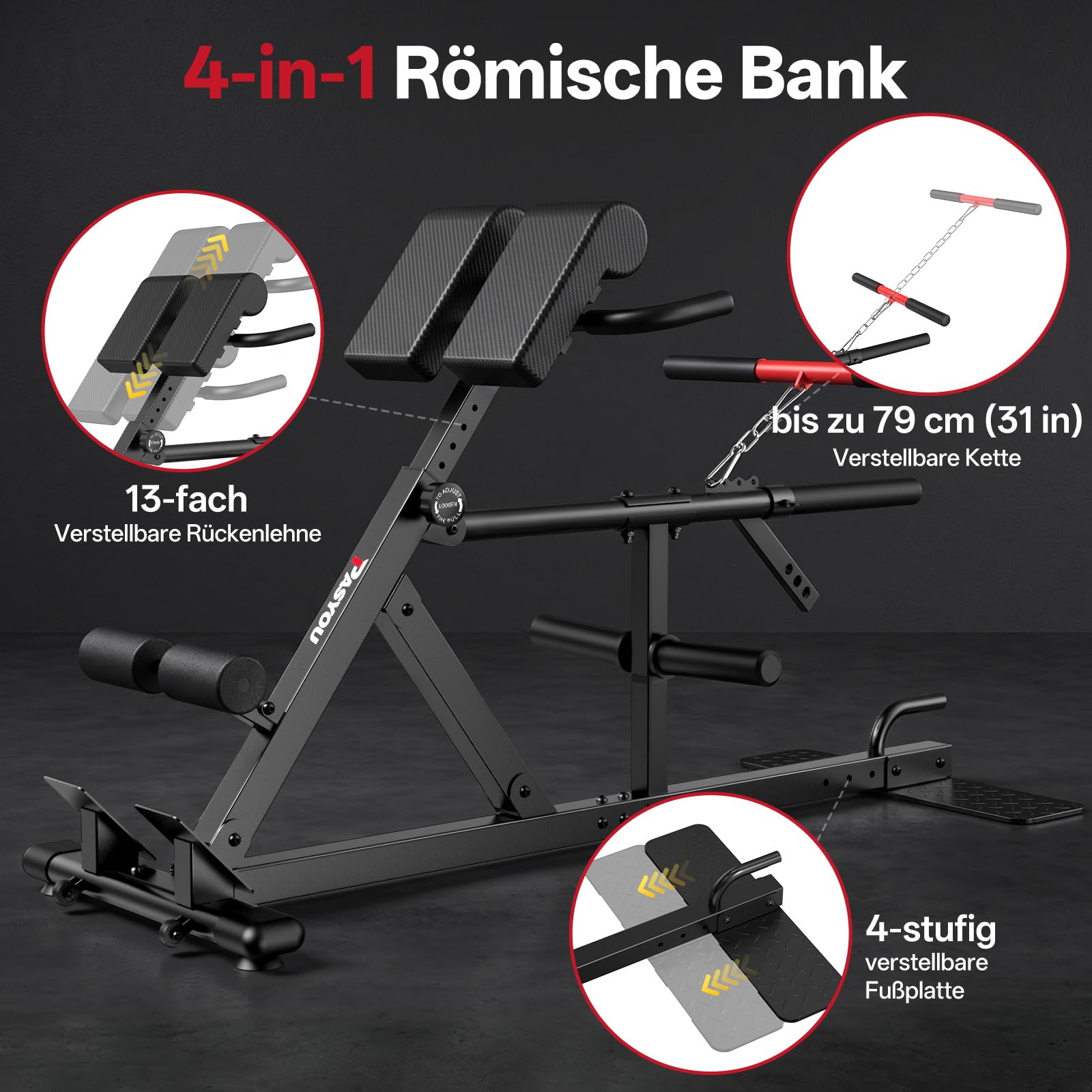 PASYOU Rückentrainer Hyperextension für Zuhause, Rückenstrecker mit Gewichthebergurt,4in1 Bauch- und Rückentrainer, Hyperextension, Bauchtrainer, Kreuzheben,Kniebeugen, bis 227 kg