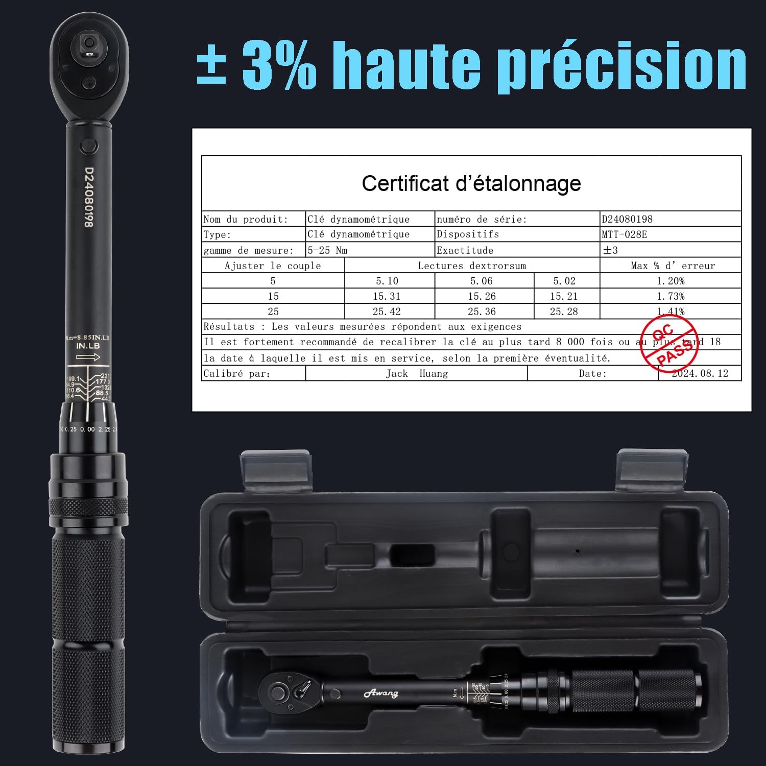 Awang 1/4 Inch Torque Wrench, 5-25 Nm Bicycle Torque Wrench with 72 Teeth, Accuracy ±3%, for Road Bikes, Mountain Bikes, Motorcycles