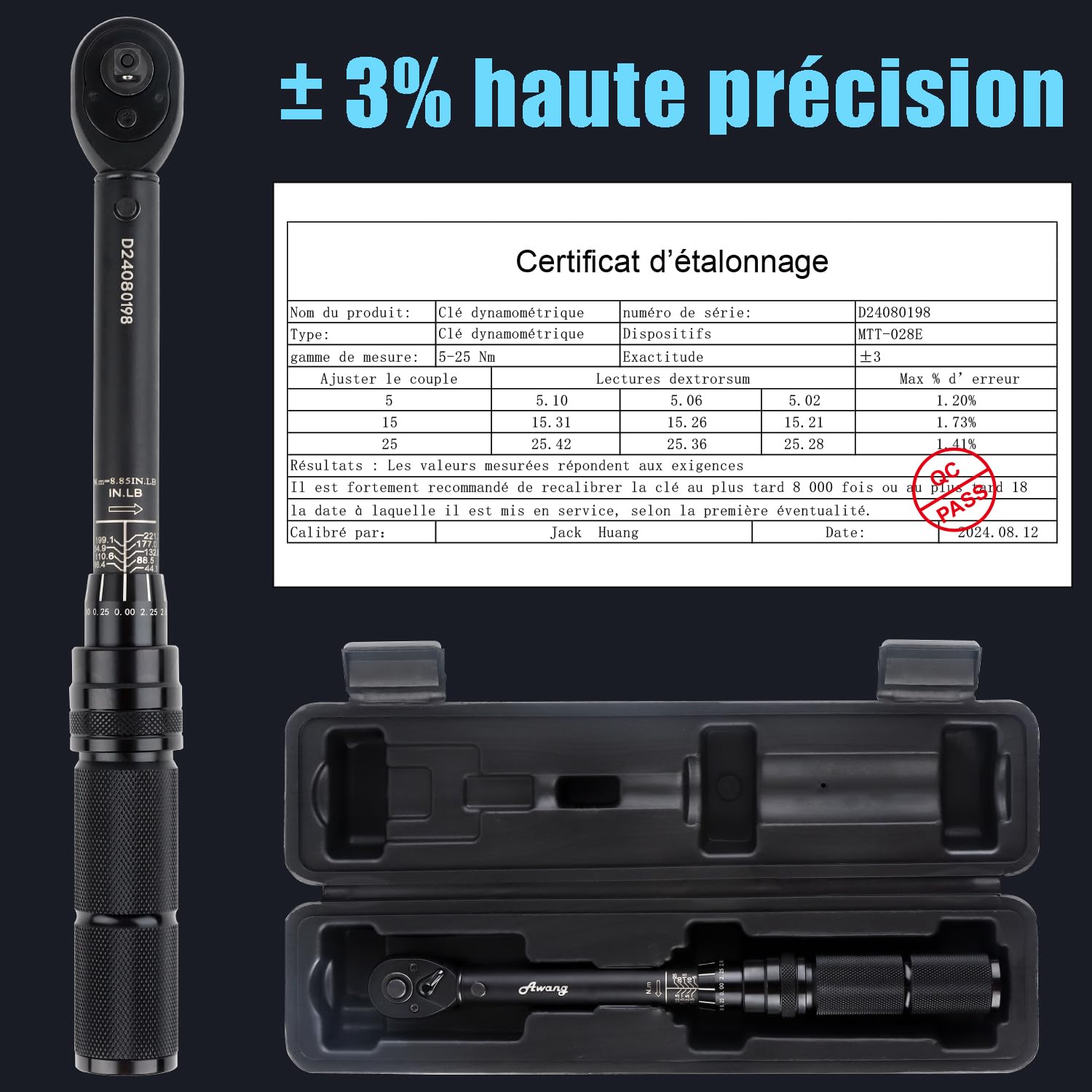 Awang 1/4" Clé Dynamométrique,5-25 Nm Cle Dynamometrique velo avec 72 Dents, Précision ±3%, pour Vélos Route Montagne Moto
