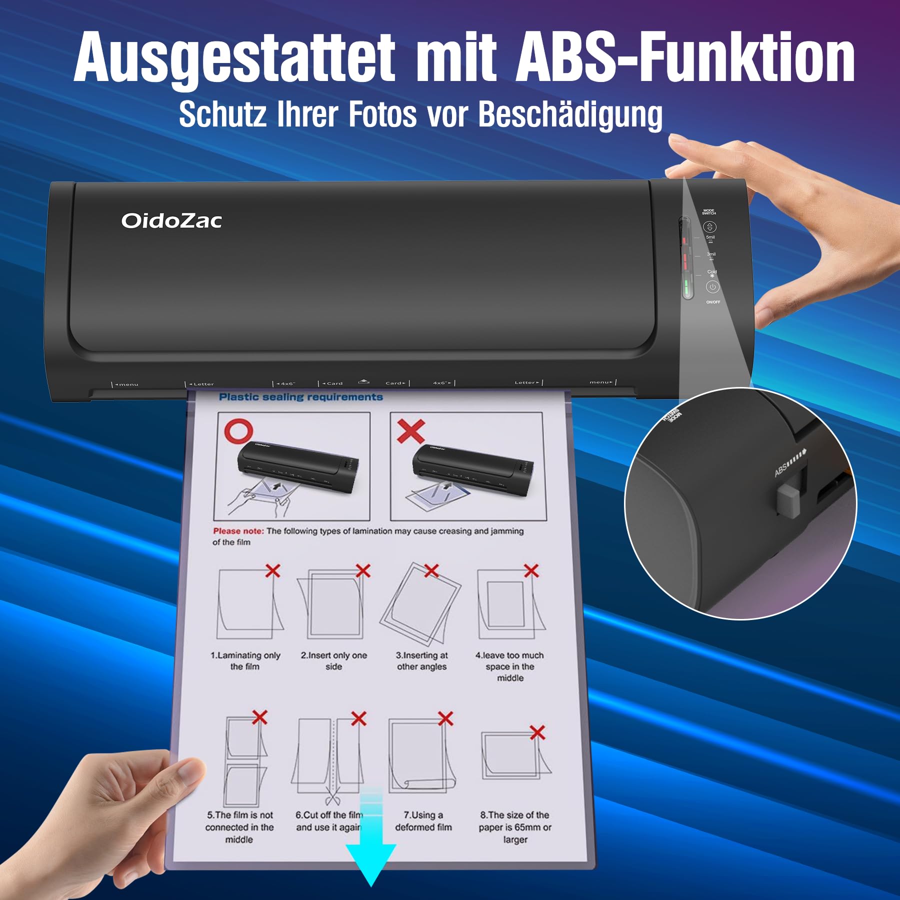 A3 Laminiergerät, 9 in 1 Heiß&Kalt Laminator mit 52 Laminierfolien | Auto Feed und 2-Rollen-System,Anti-Warp-Technologie sowie ABS Anti-Stau für Dokumente, Fotos und Bastelarbeiten