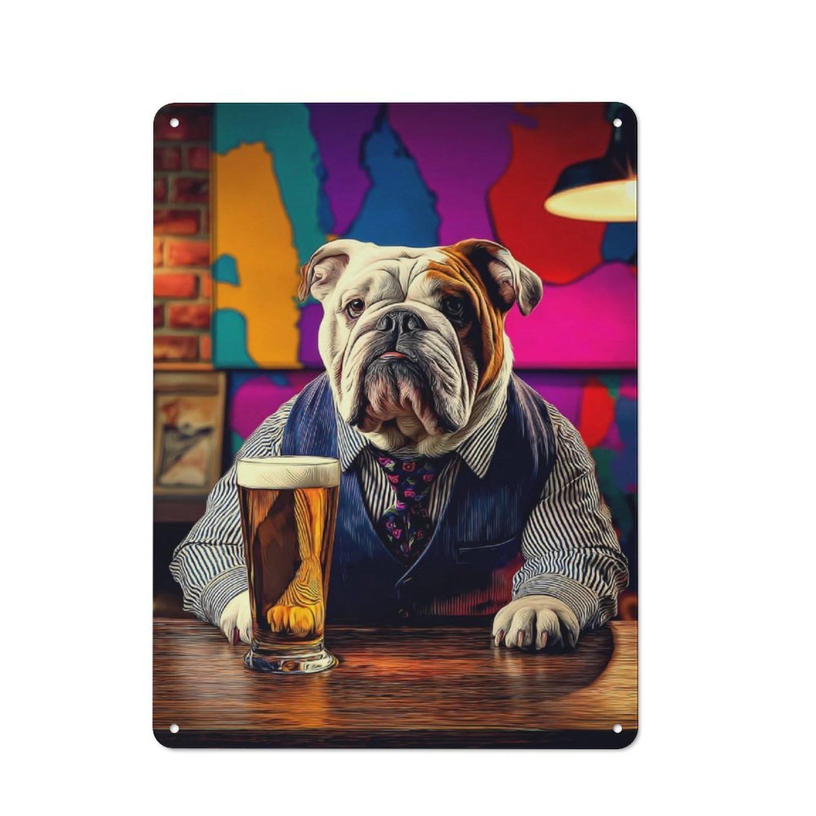 Chill Bulldog with Beer -1 Metal Wall Sign 40x30cm, Rustic Classic Pub Decor for Cafe, Pub, Workshop Or Home Bar