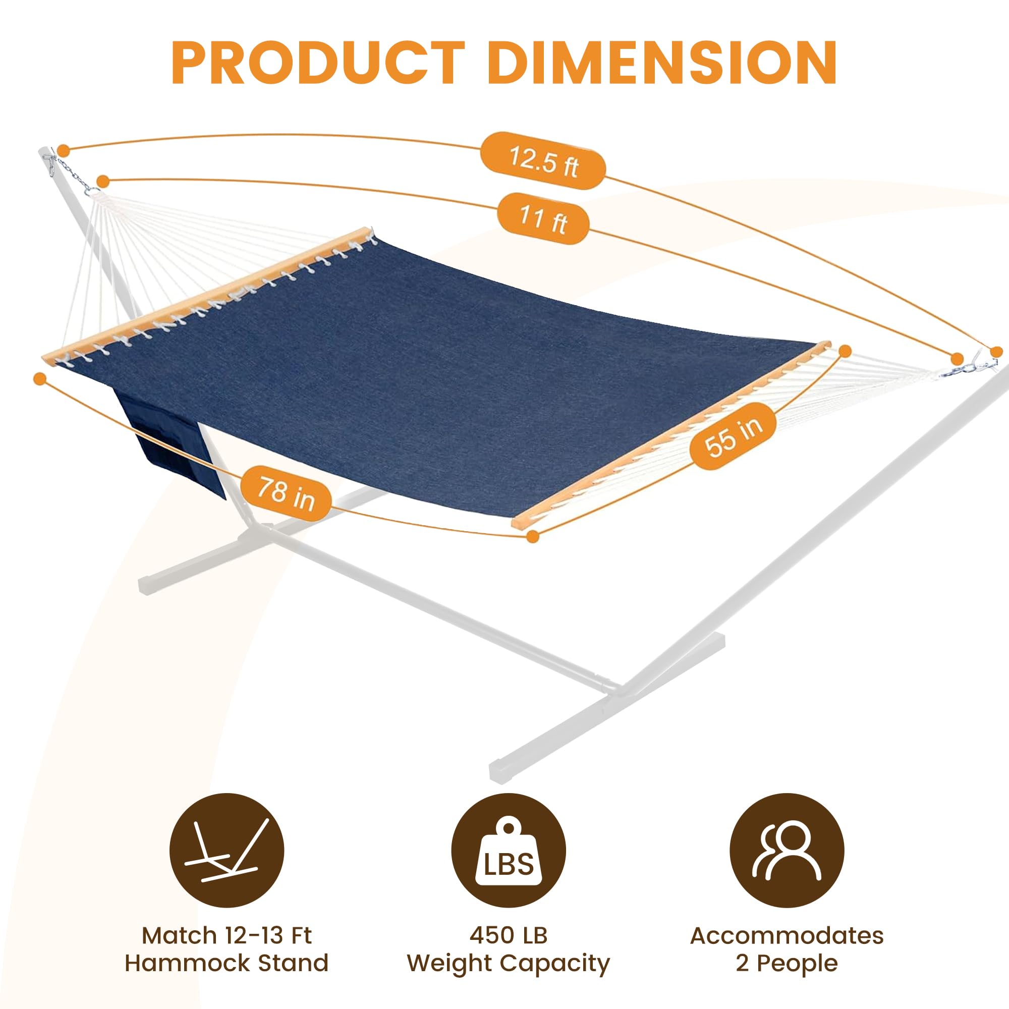 Lazy Daze Hammocks Hamaca doble exterior de 11 pies, hamaca de tela de olefina de secado rápido con barra separadora, hamaca con cadenas para exteriores, piscina, patio trasero, capacidad de 450