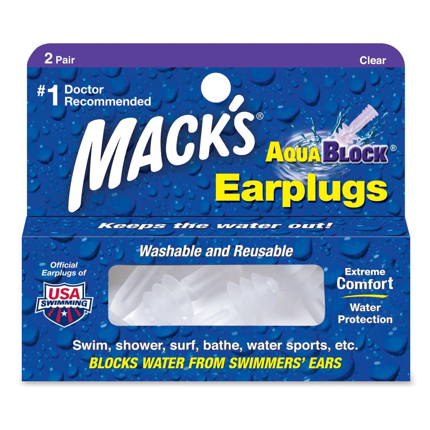 Mack's AquaBlock Swimming Earplugs, 2 Pair - Comfortable, Waterproof, Reusable Silicone Ear Plugs for Swimming, Snorkeling, Showering, Surfing and Bathing (Clear)