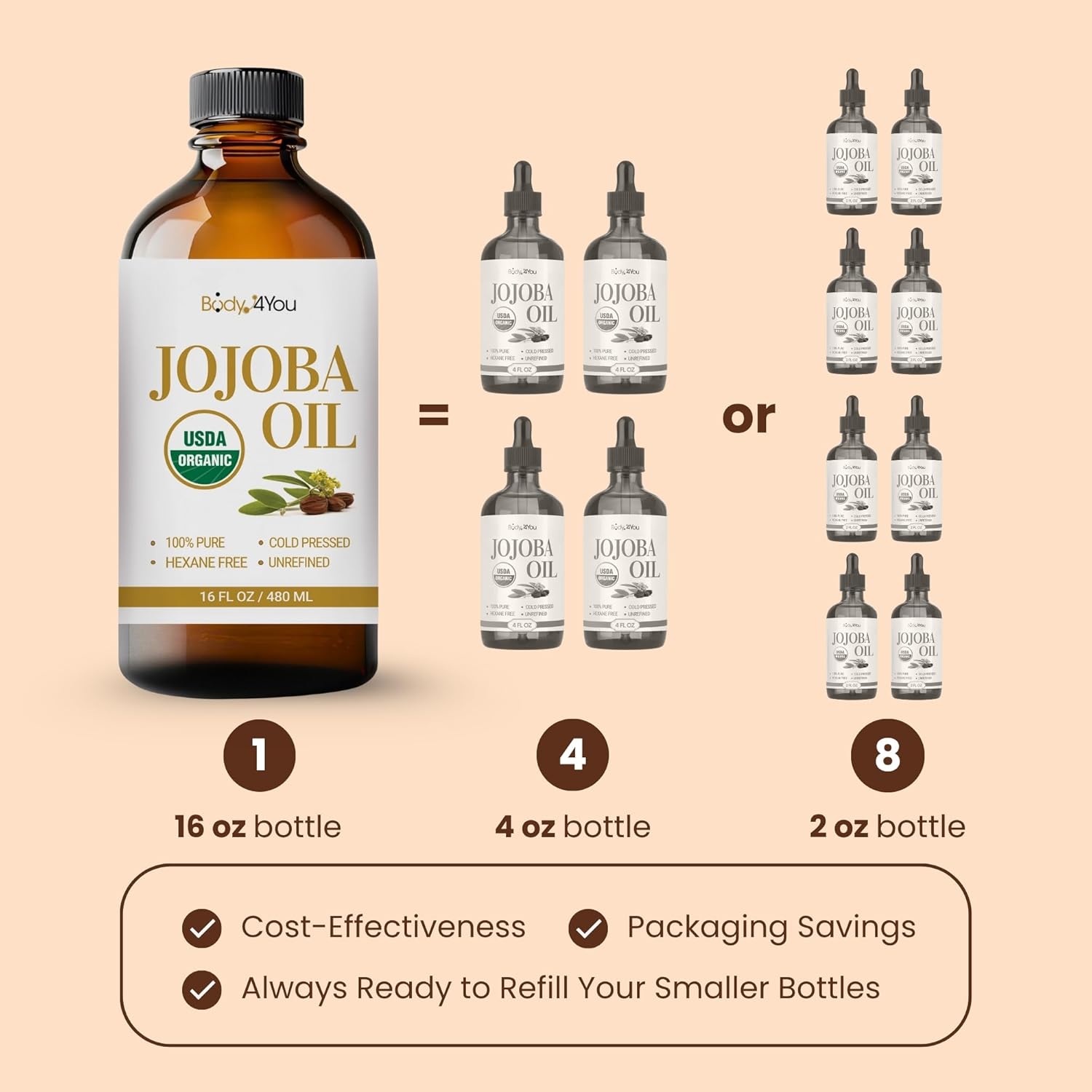 BodyJ4You Jojoba Oil for Face Skin - USDA Organic 100% Pure Cold Pressed - Facial Dermaplane Gua Sha Hair Growth Body Massage DIY - Unrefined Carrier Hexane Free Natural - Bulk Value Size Carrier Wax