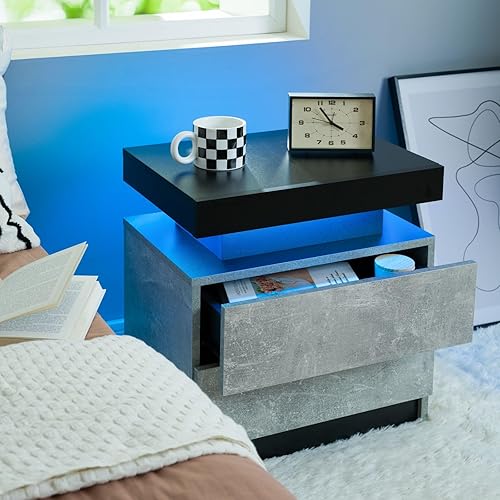 Miniatura 37 de Generic Juego de 2 Mesita de noche con 2 cajones, mesa de noche con cajones para muebles de dormitorio, mesa auxiliar con luz LED Blanco,Negro