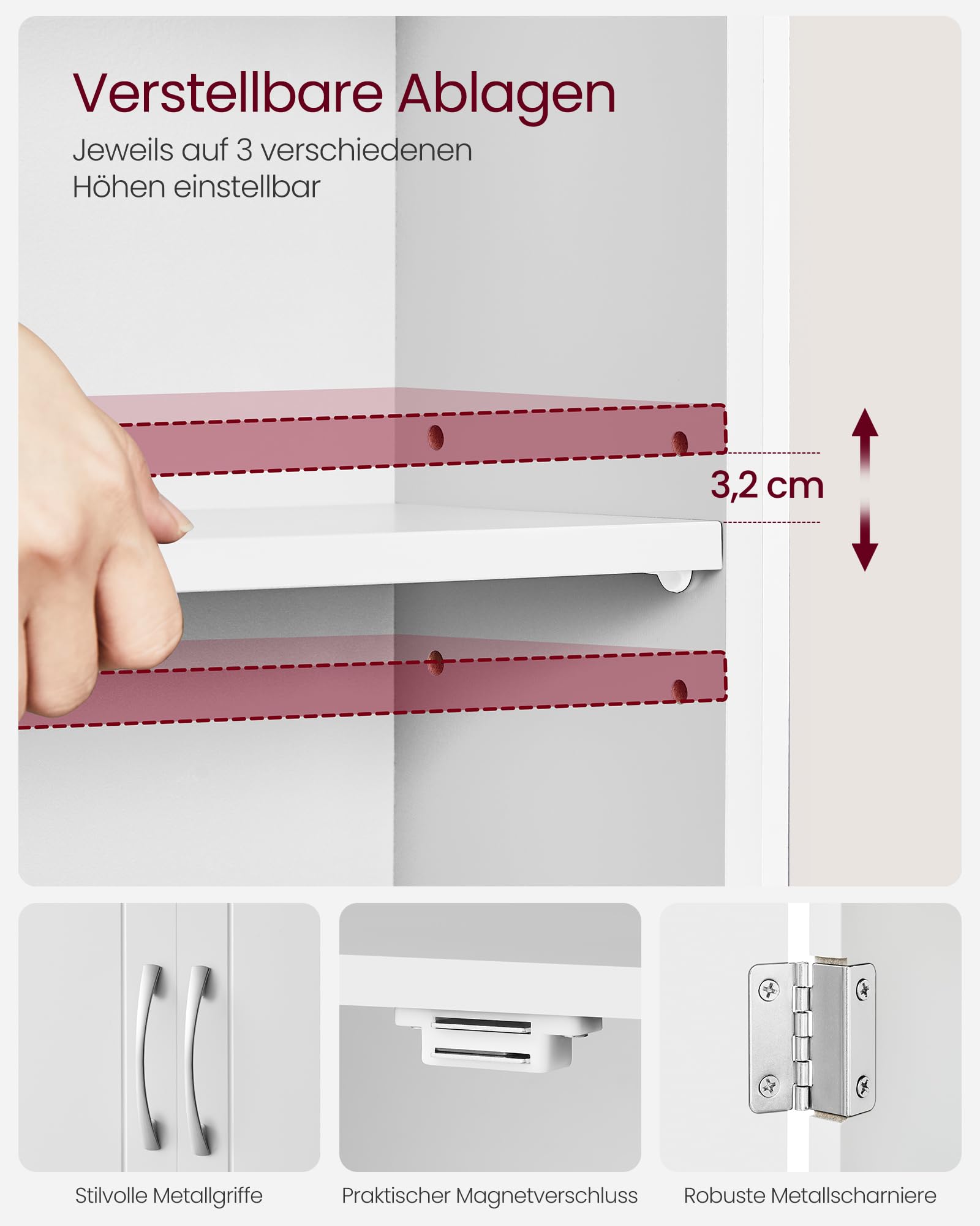 VASAGLE Wandschrank für Badezimmer, Wandschrank für Badezimmer, 30 x 60 x 60 cm, Medizinschrank mit verstellbaren Regalen, Wolkenweiß BBC321W01