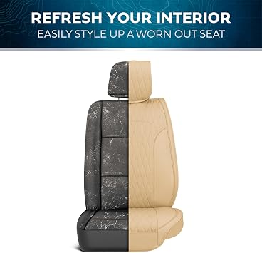 MotorBox Car Seat Covers - DiamondLux Edition Premium Faux Leather Tan Beige Seat Protectors - Double Cross Stitched Cushioned Automotive Accessories for Trucks, SUVs, Cars - Front Seat Set