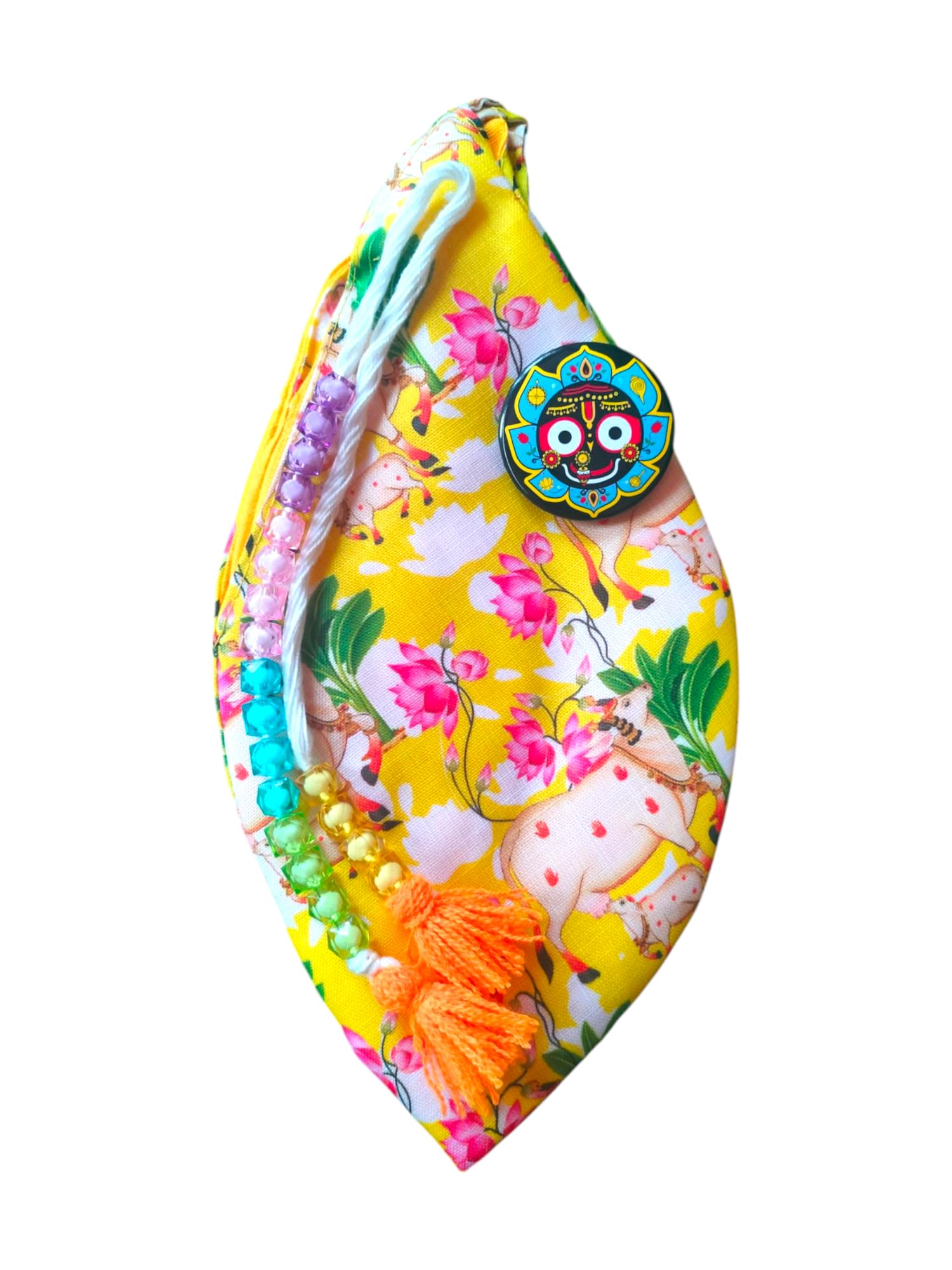 Yellow Cow Calf Printed Cotton Jholi With Jagannath ji Batch, Crystal Sakshi Mala-Jaap Mala Jholi With Zipper Pocket-Gomukhi Mala Jaap Jholi Combo-image-7