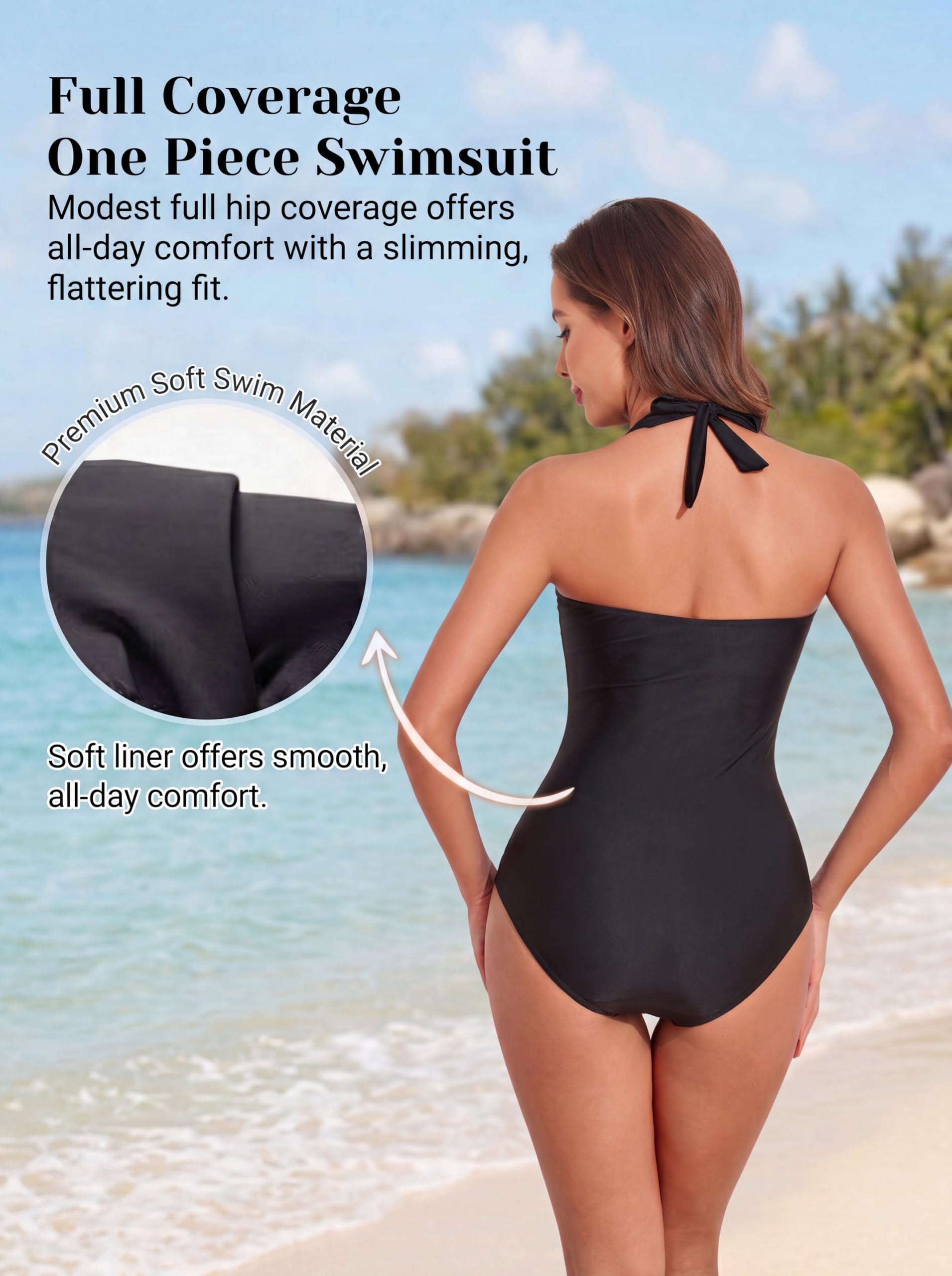 Smismivo Maillot de Bain Une pièce pour Femme Le contrôle du Ventre Push up Maillot de Bain Femme 1 Pieces Amincissante Slim Elégant Vintage Ruché Effet Halter Rembourré Swimsuit Noir