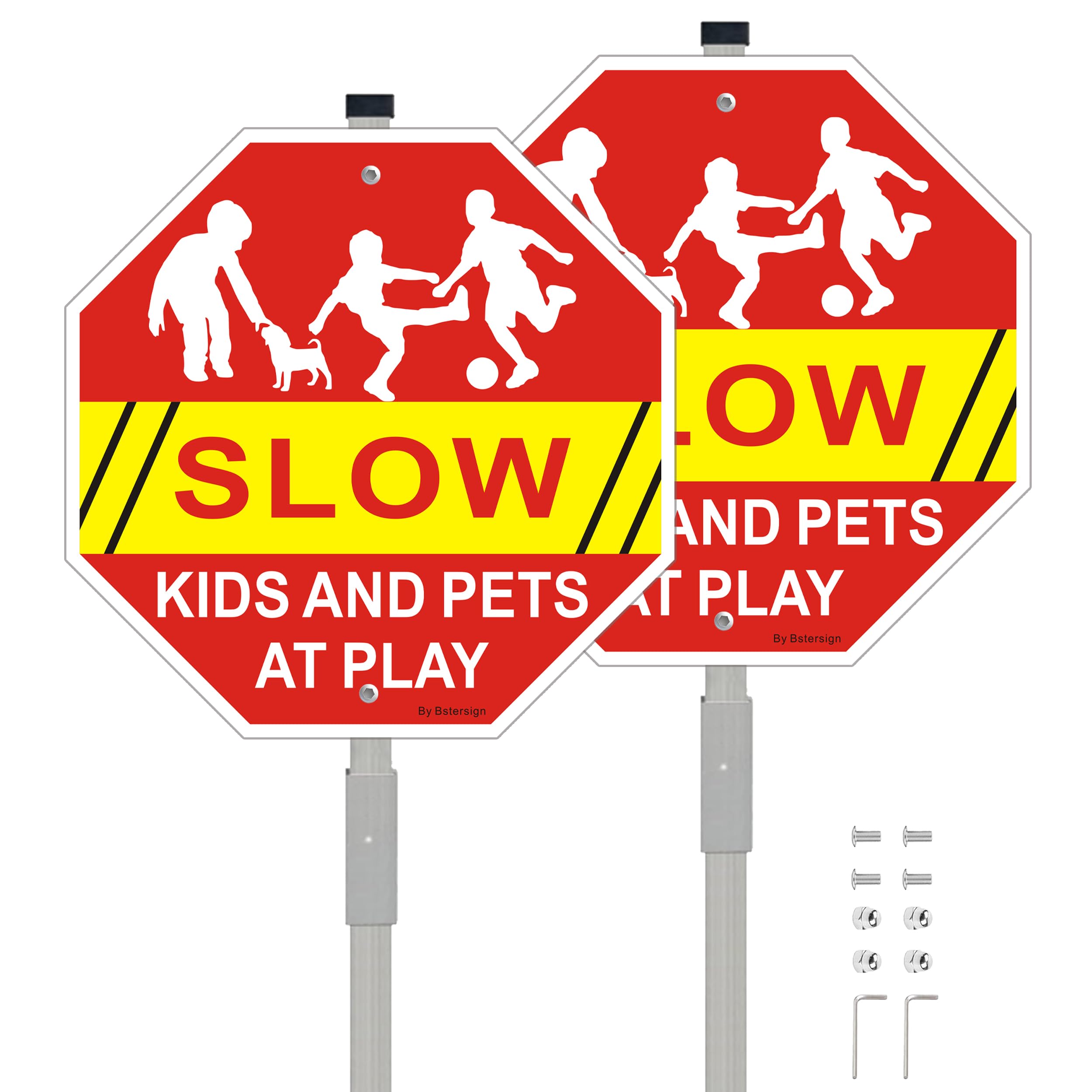 (2Pack)"Slow - Kids And Pets At Play" Sign | 10" x 10" Aluminum Sign With 28" Stake,Reflective Aluminum,Fade Resistant And Weather Resistant.