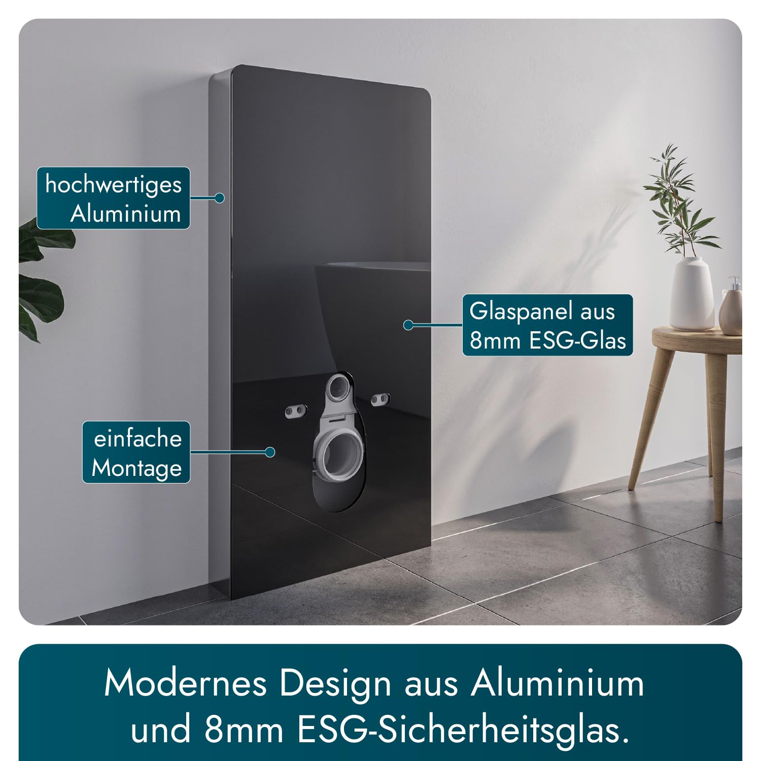 Bernstein Sanitärmodul 805S 1003 x 483 x 108 mm für Wand-WC in Schwarz mit Sensorsteuerung, 2-Mengen-Spülung, schwitzwasserisoliertem Spülkasten und ESG-Glasfront