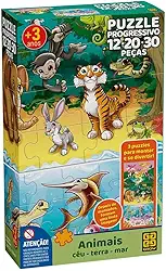 Quebra-Cabeça, Grow, Cartonado, Animais, Céu-Terra-Mar, Progressivo, 12/20/30 Peças, Multicor