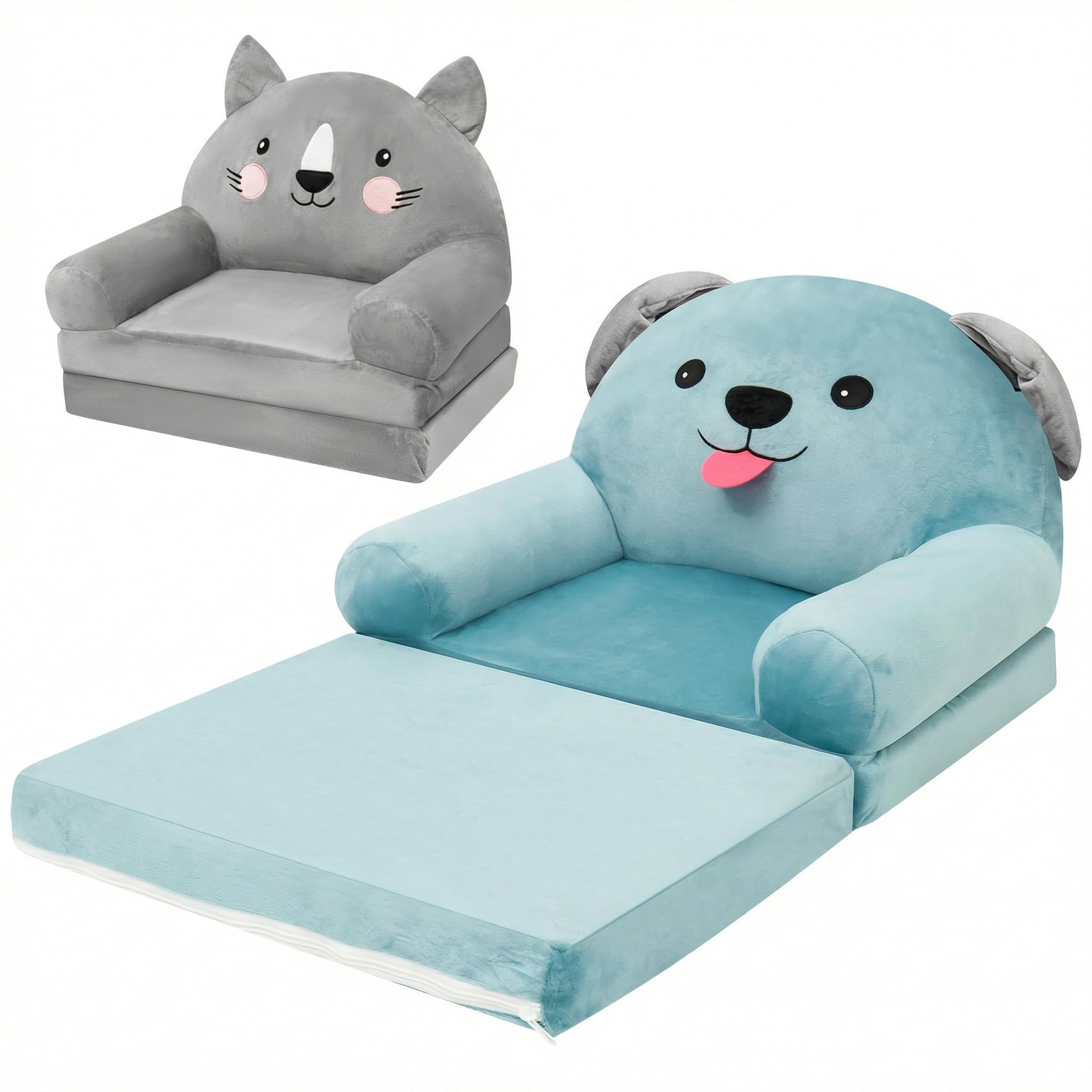 Foldable Kids Sofa Bed, 2-in-1 Toddler Sofa Convertible Chair to Lounger, Soft Breathable Fabric Removable Washable Toddlers Couch Chair for Bedroom Livingroom, Birthday Gifts for Boys Girls(Blue Dog)