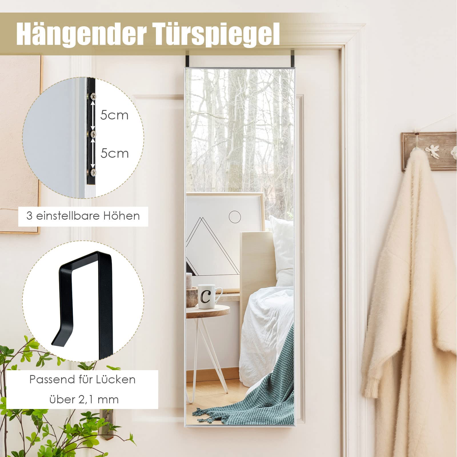 GOPLUS 37 x 120 cm, 2 w 1 lustro wiszące na drzwi i lustro ścienne z ramą ze stopu aluminium i szkłem przeciwwybuchowym, do sypialni, salonu i strefy wejściowej (srebrne)