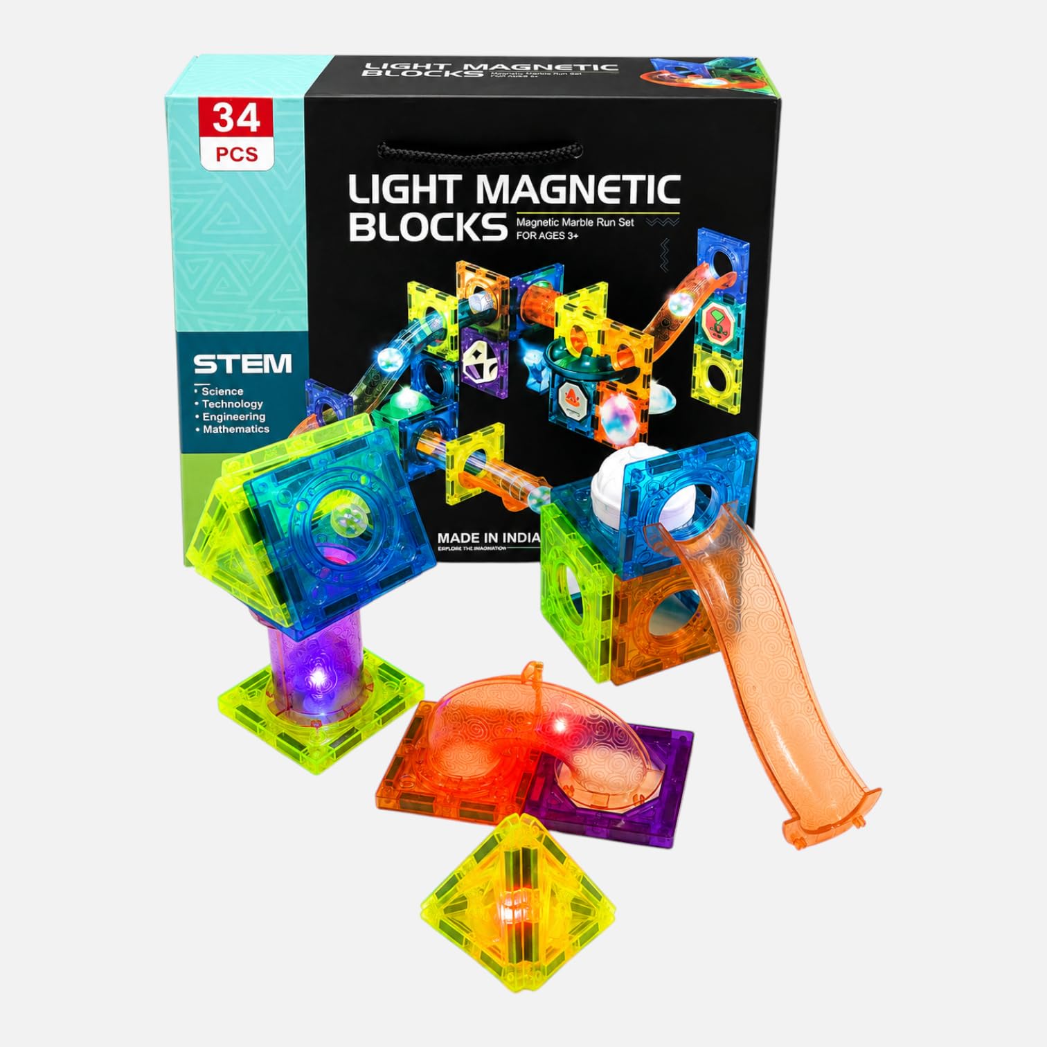 34 Pcs Light-Up Magnetic Building Blocks Marble Run Set for Kids STEM Construction Tiles with Glowing Balls Creative Learning Toy for Boys & Girls Age 3+-image-32